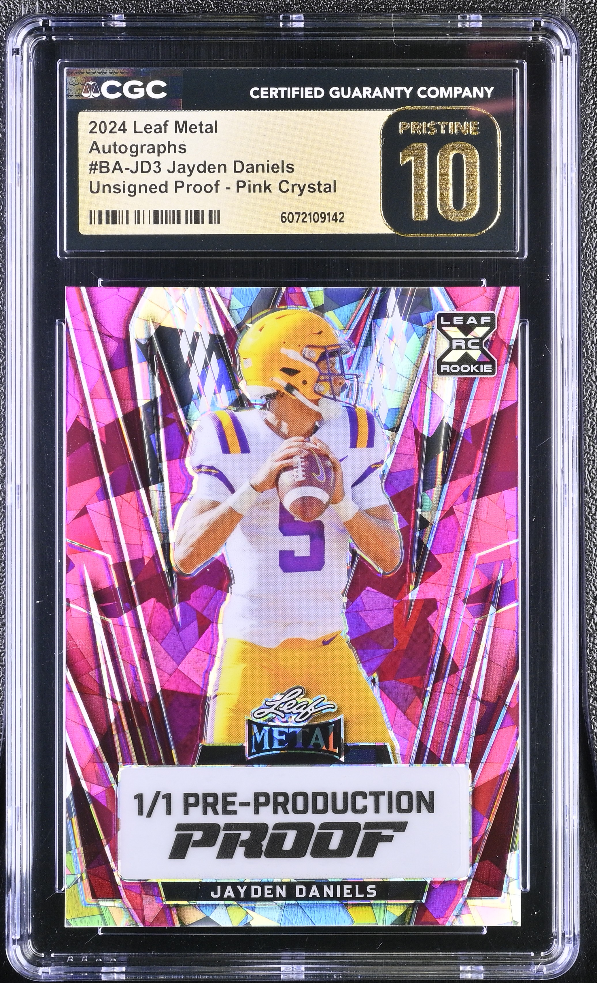Jayden Daniels 2024 Leaf Metal Autographs Unsigned Proof Pink Crystal #BA-JD3 #1/1 RC (CGC 10 | Black Label) at PristineAuction.com Jayden Daniels 2024 Leaf Metal Autographs Unsigned Proof Pink Crystal #BA-JD3 #1/1 RC (CGC 10 | Black Label) at PristineAuction.com