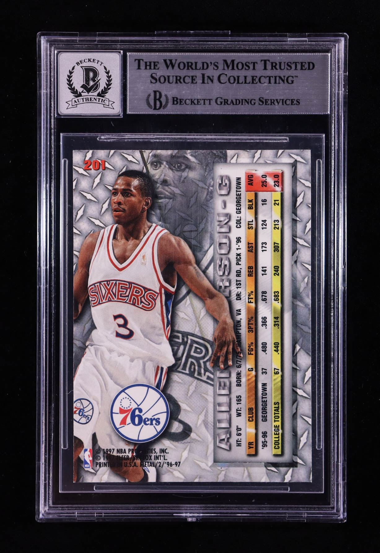 Allen Iverson Signed 1996-97 Fleer Metal #201 RC (BGS | Autograph Graded BGS 10) at PristineAuction.com Allen Iverson Signed 1996-97 Fleer Metal #201 RC (BGS | Autograph Graded BGS 10) at PristineAuction.com