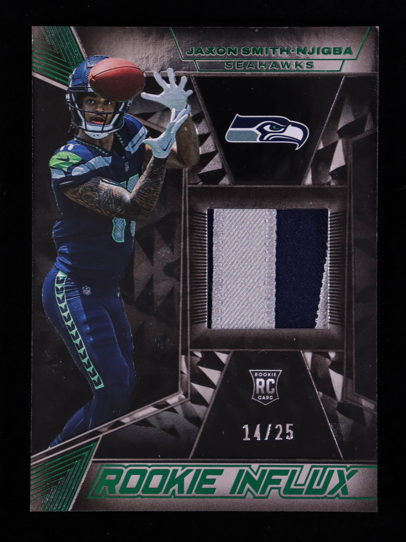 Jaxon Smith-Njigba 2023 Panini Black Rookie Influx Memorabilia Emerald #34 RC #14/25 at PristineAuction.com Jaxon Smith-Njigba 2023 Panini Black Rookie Influx Memorabilia Emerald #34 RC #14/25 at PristineAuction.com