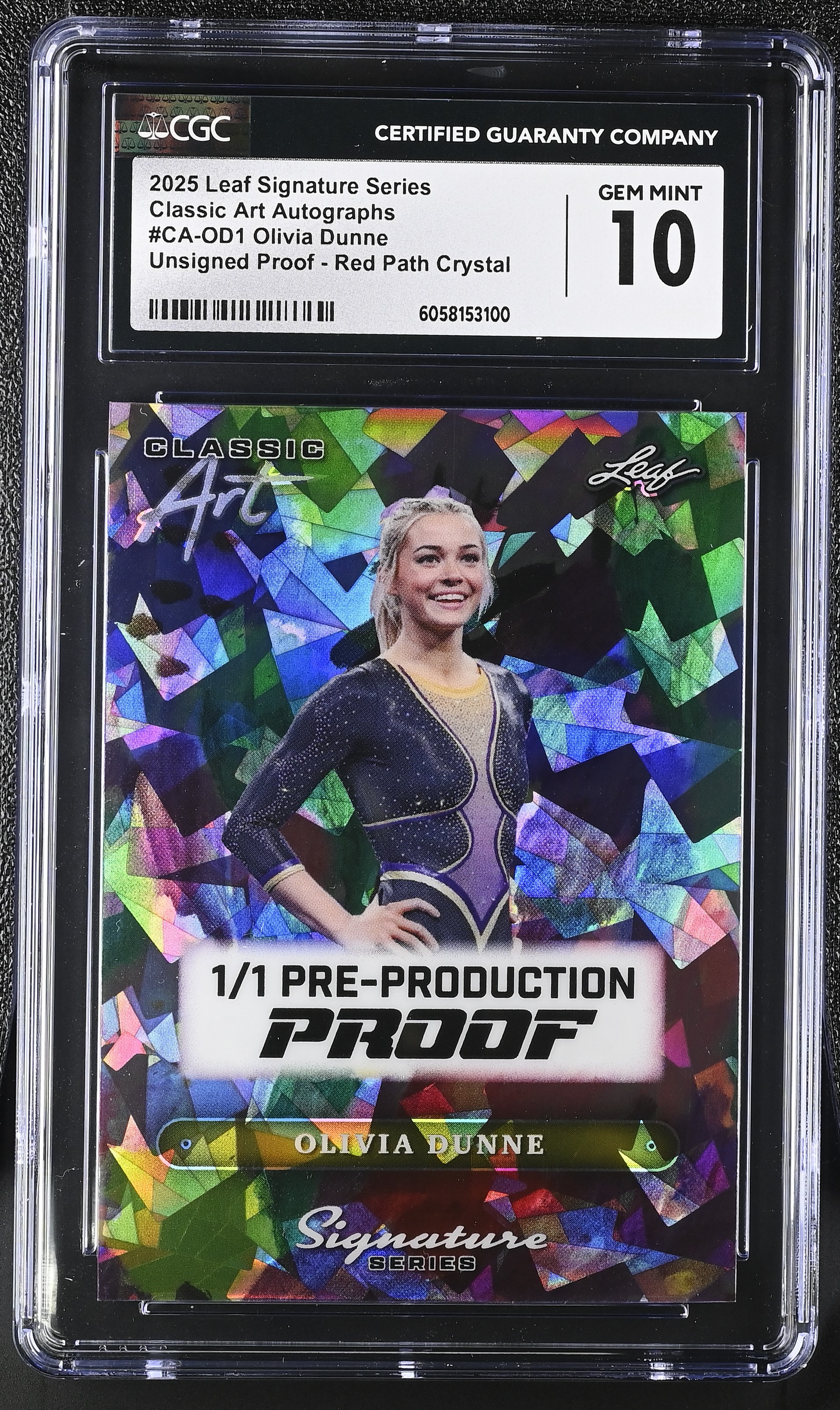 Olivia Dunne 2025 Leaf Signature Series Classic Art Autographs Pre-Production Proof Crystal #CAOD1 #1/1 (CGC 10) at PristineAuction.com Olivia Dunne 2025 Leaf Signature Series Classic Art Autographs Pre-Production Proof Crystal #CAOD1 #1/1 (CGC 10) at PristineAuction.com