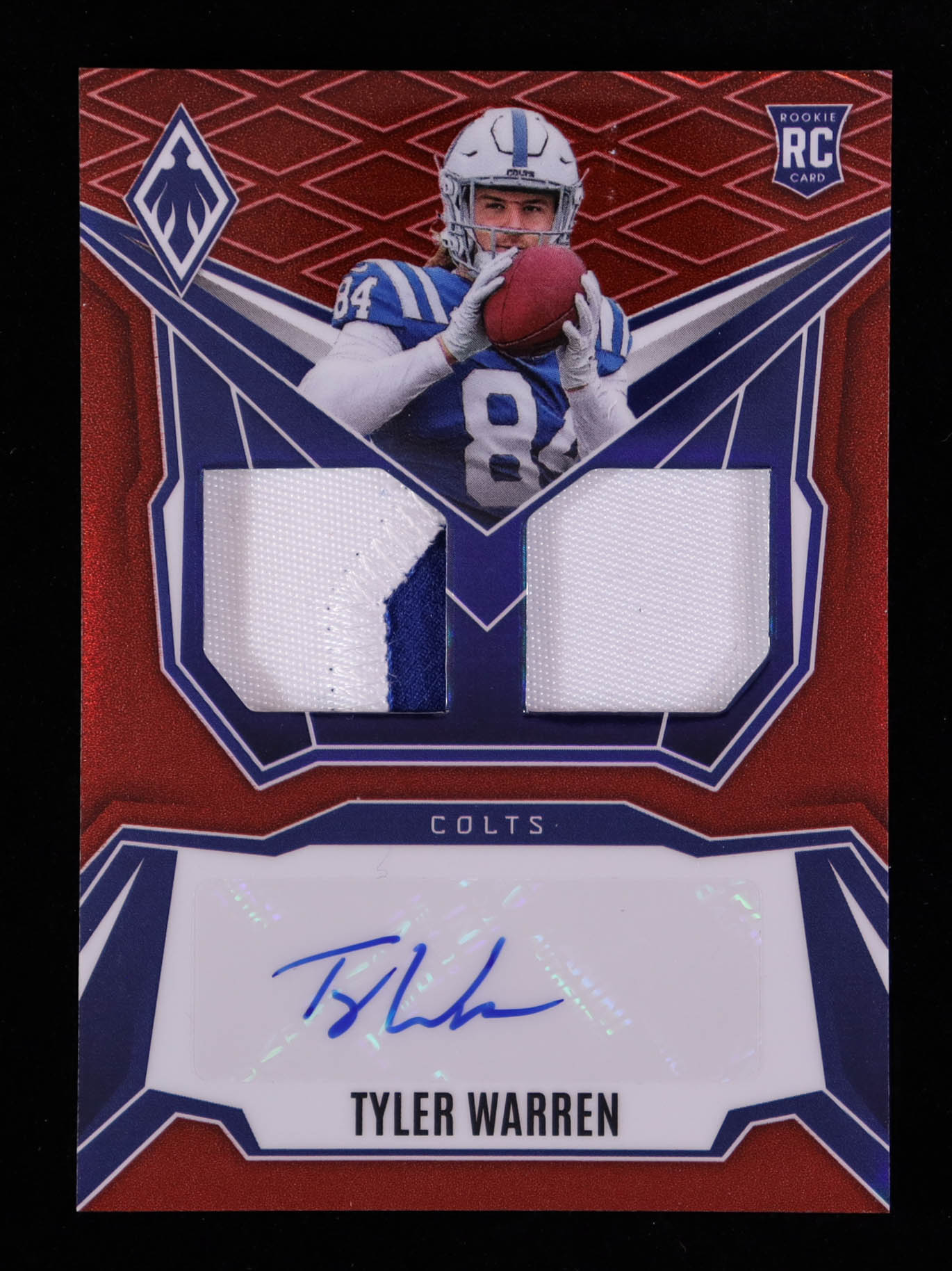 Tyler Warren 2025 Panini Phoenix Dual Rookie Patch Autographs Red #10 RC #26/99 at PristineAuction.com Tyler Warren 2025 Panini Phoenix Dual Rookie Patch Autographs Red #10 RC #26/99 at PristineAuction.com