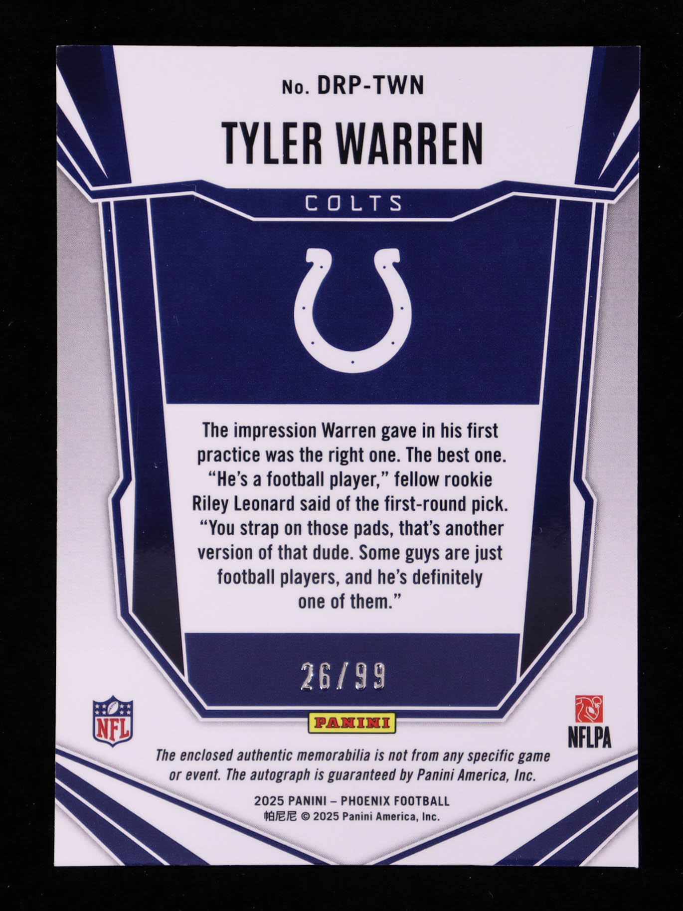 Tyler Warren 2025 Panini Phoenix Dual Rookie Patch Autographs Red #10 RC #26/99 at PristineAuction.com Tyler Warren 2025 Panini Phoenix Dual Rookie Patch Autographs Red #10 RC #26/99 at PristineAuction.com