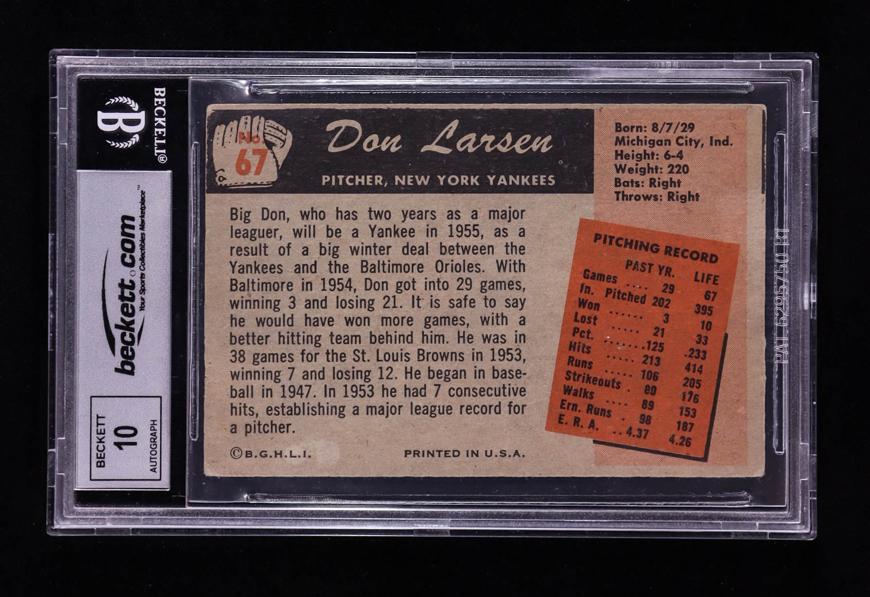 Don Larsen Signed 1955 Bowman #67 (BGS | Autograph Graded BGS 10) at PristineAuction.com Don Larsen Signed 1955 Bowman #67 (BGS | Autograph Graded BGS 10) at PristineAuction.com