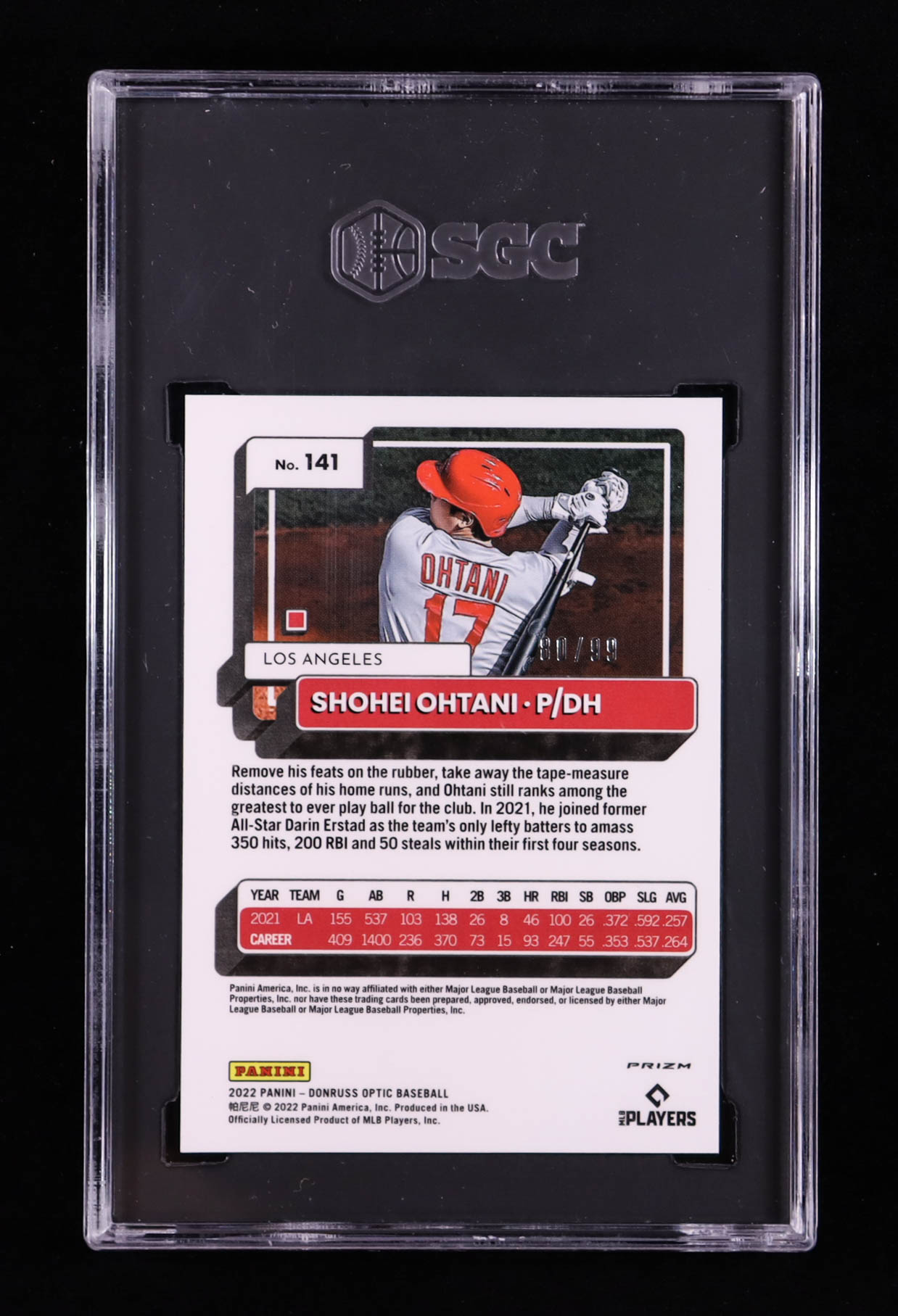 Shohei Ohtani 2022 Panini Donruss Optic Red Pandora Prizm #141 #80/99 (SGC 8.5) at PristineAuction.com Shohei Ohtani 2022 Panini Donruss Optic Red Pandora Prizm #141 #80/99 (SGC 8.5) at PristineAuction.com