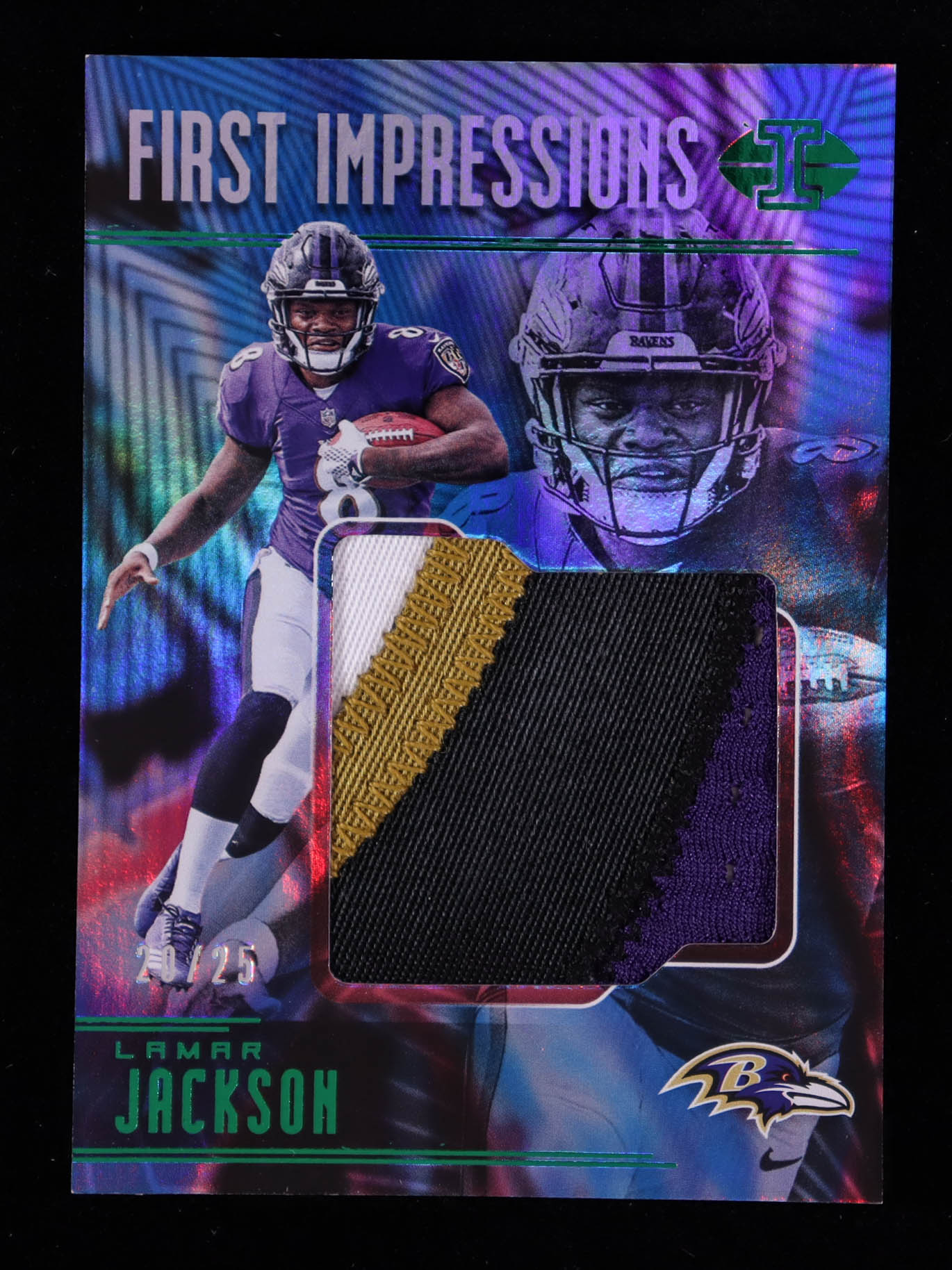 Lamar Jackson 2018 Panini Illusions First Impressions Memorabilia Green #25 RC #20/25 at PristineAuction.com Lamar Jackson 2018 Panini Illusions First Impressions Memorabilia Green #25 RC #20/25 at PristineAuction.com
