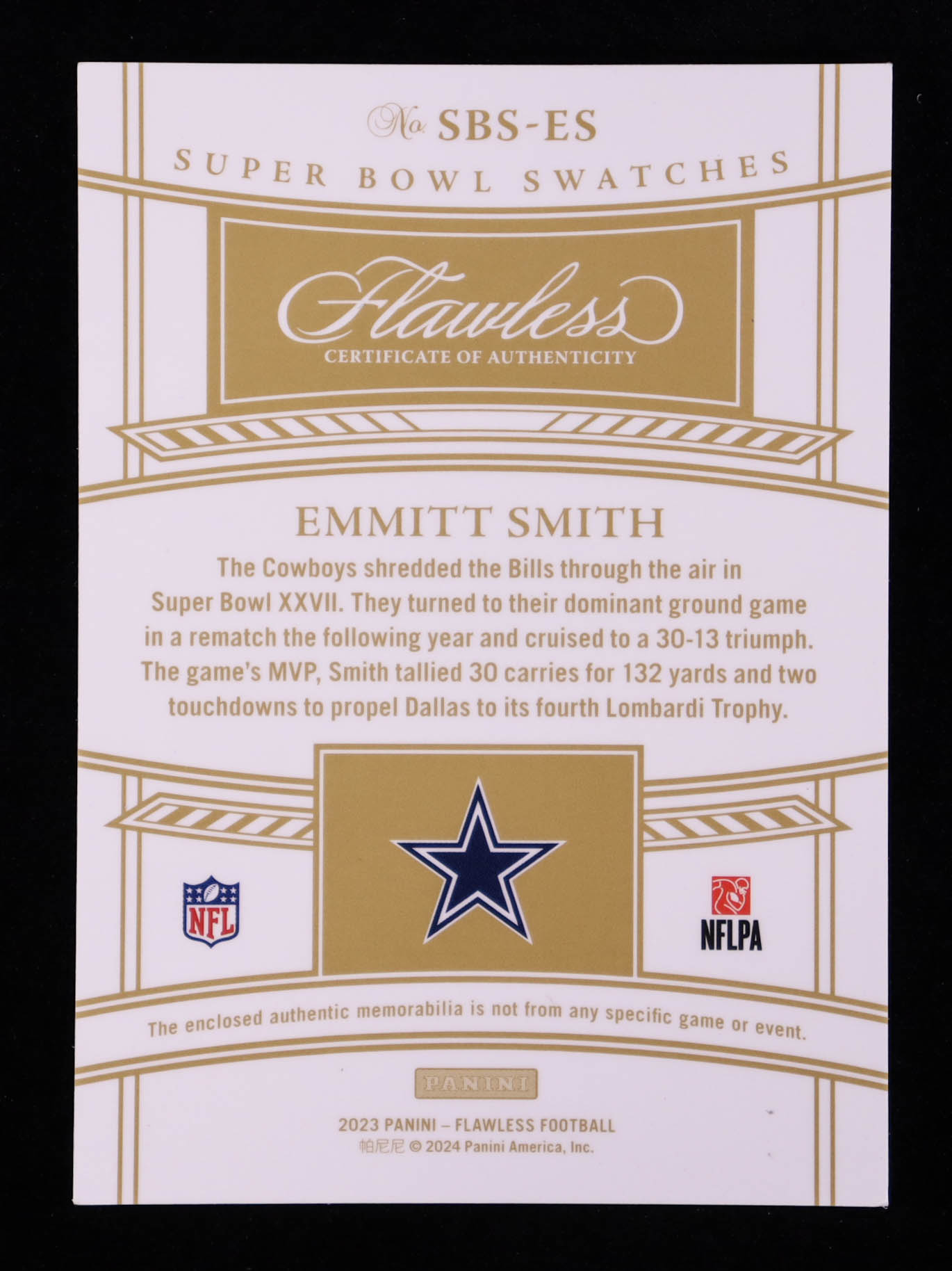 Emmitt Smith 2023 Panini Flawless Super Bowl Swatches Sapphire #6 #4/10 at PristineAuction.com Emmitt Smith 2023 Panini Flawless Super Bowl Swatches Sapphire #6 #4/10 at PristineAuction.com