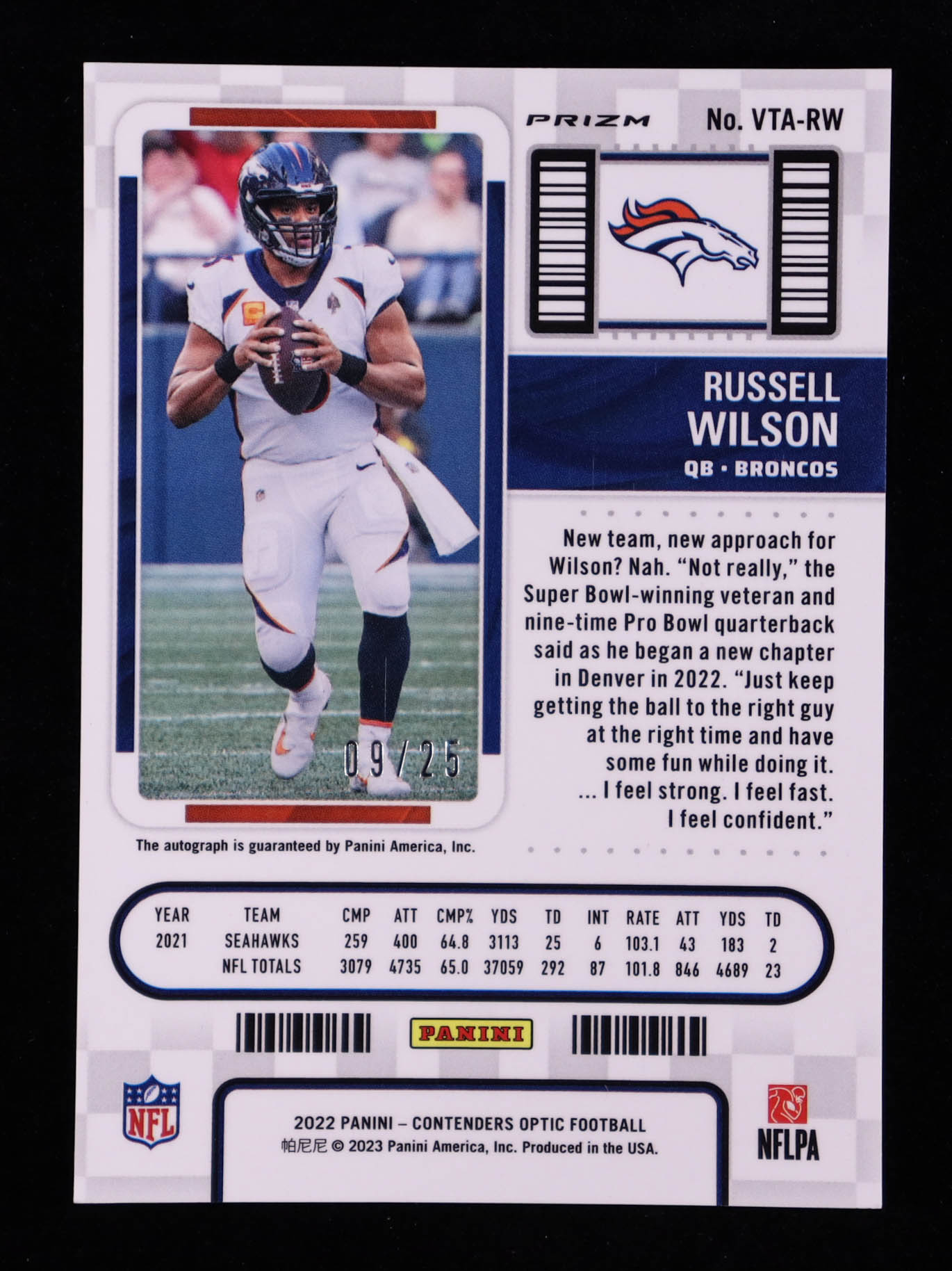 Russell Wilson 2022 Panini Contenders Optic Veteran Ticket Autographs Black Scope #2 #9/25 at PristineAuction.com Russell Wilson 2022 Panini Contenders Optic Veteran Ticket Autographs Black Scope #2 #9/25 at PristineAuction.com
