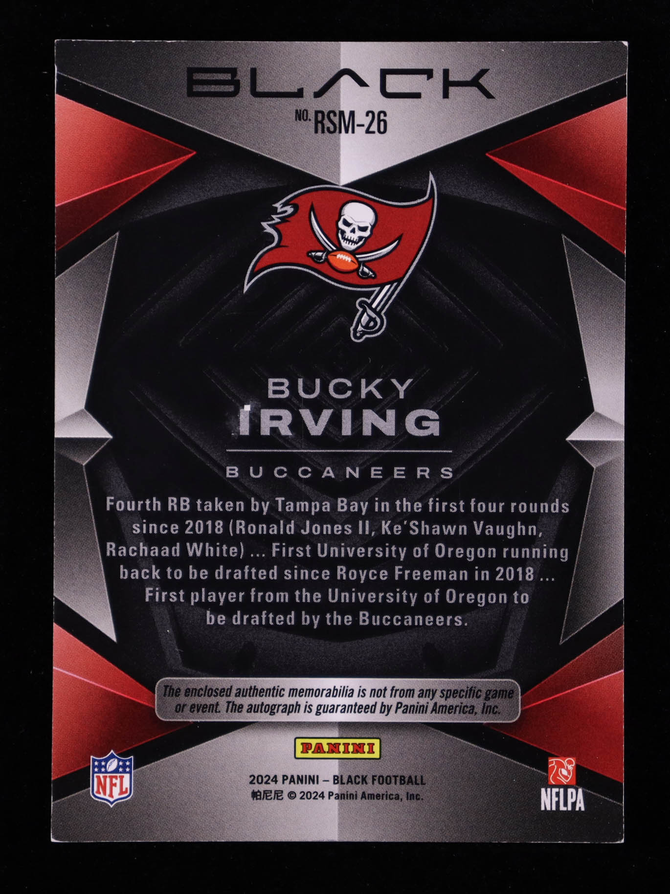 Bucky Irving 2024 Panini Black Rookie Signature Materials Royal #26 RC #35/75 at PristineAuction.com Bucky Irving 2024 Panini Black Rookie Signature Materials Royal #26 RC #35/75 at PristineAuction.com