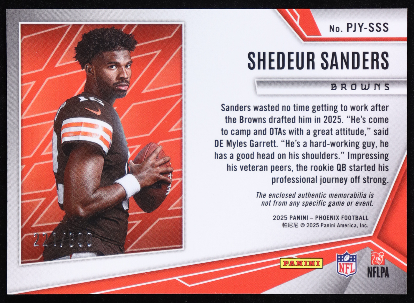 Shedeur Sanders 2025 Panini Phoenix Rookie Phenom Jerseys #32 #221/699 RC at PristineAuction.com Shedeur Sanders 2025 Panini Phoenix Rookie Phenom Jerseys #32 #221/699 RC at PristineAuction.com