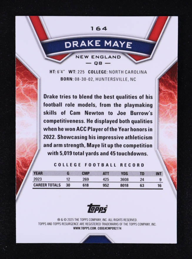 Drake Maye 2024 Topps Resurgence Sky Blue and Pink Shock #164 RC at PristineAuction.com Drake Maye 2024 Topps Resurgence Sky Blue and Pink Shock #164 RC at PristineAuction.com