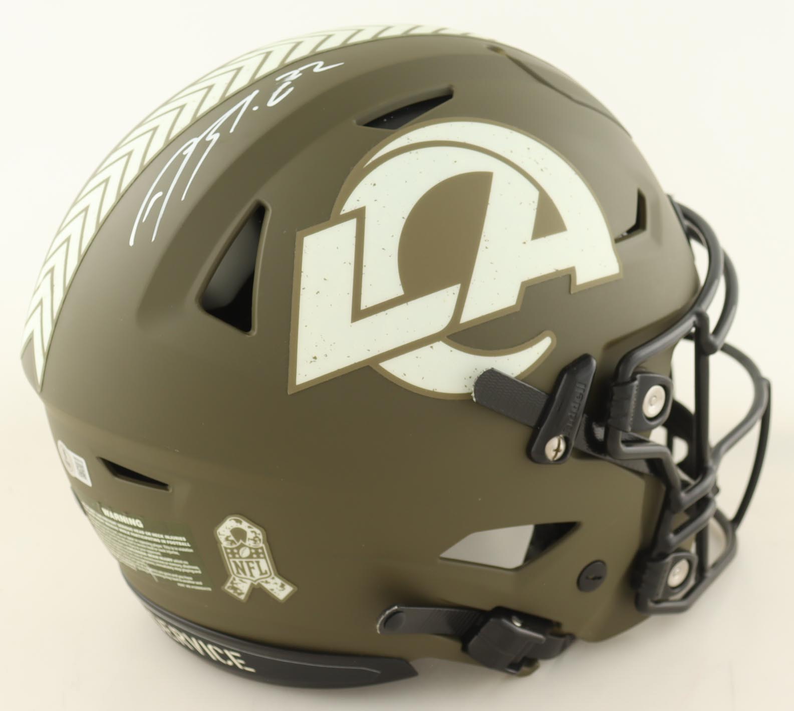 Blake Corum Signed Rams Full-Size Authentic On-Field Salute To Service Alternate Speed-Flex Helmet With Visor (Beckett) at PristineAuction.com Blake Corum Signed Rams Full-Size Authentic On-Field Salute To Service Alternate Speed-Flex Helmet With Visor (Beckett) at PristineAuction.com