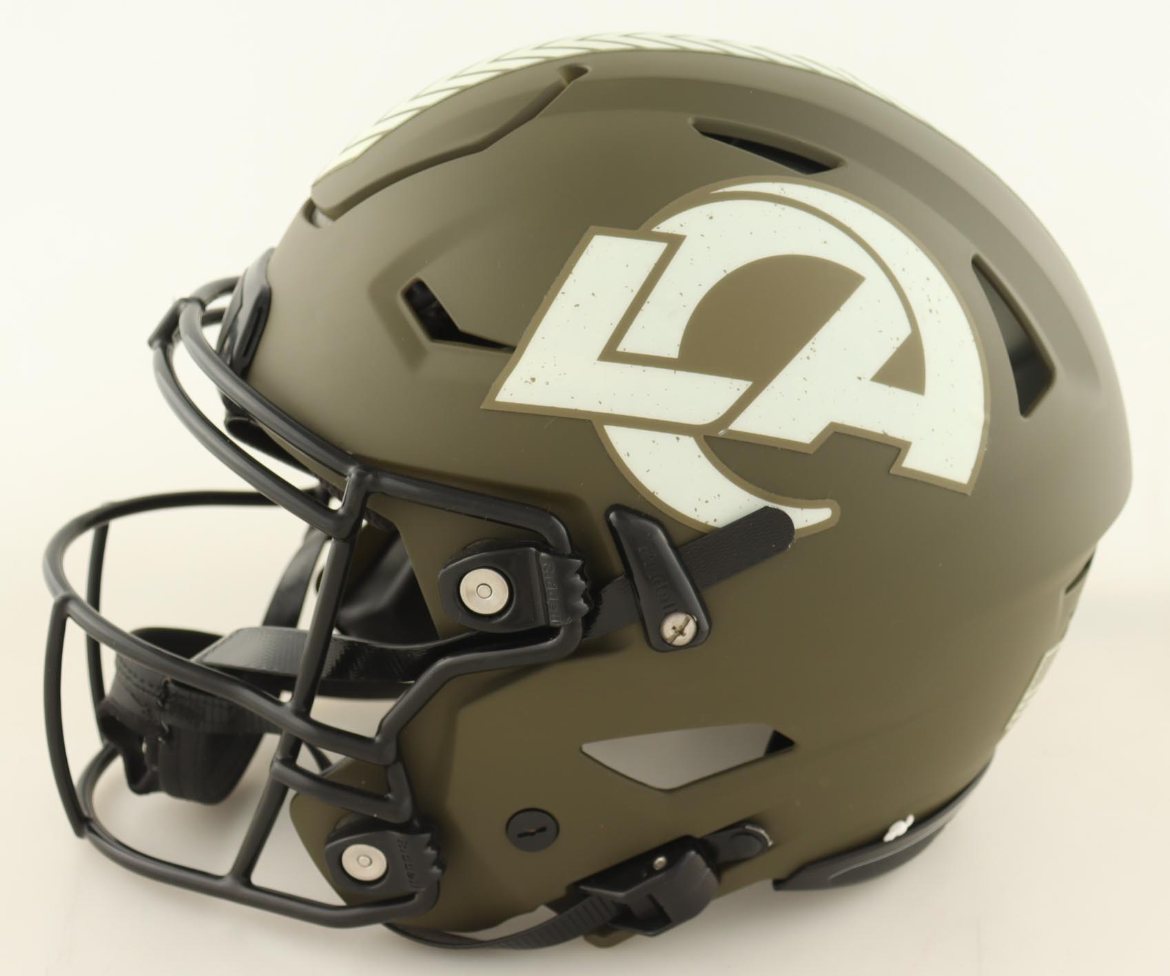 Blake Corum Signed Rams Full-Size Authentic On-Field Salute To Service Alternate Speed-Flex Helmet With Visor (Beckett) at PristineAuction.com Blake Corum Signed Rams Full-Size Authentic On-Field Salute To Service Alternate Speed-Flex Helmet With Visor (Beckett) at PristineAuction.com