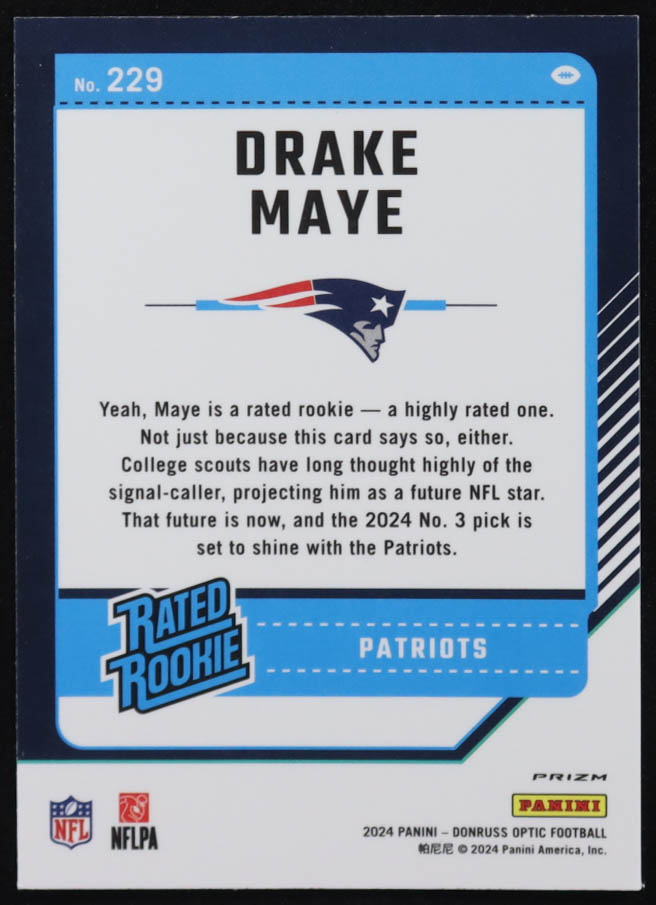 Drake Maye 2024 Donruss Optic Green Velocity #229 RC at PristineAuction.com Drake Maye 2024 Donruss Optic Green Velocity #229 RC at PristineAuction.com