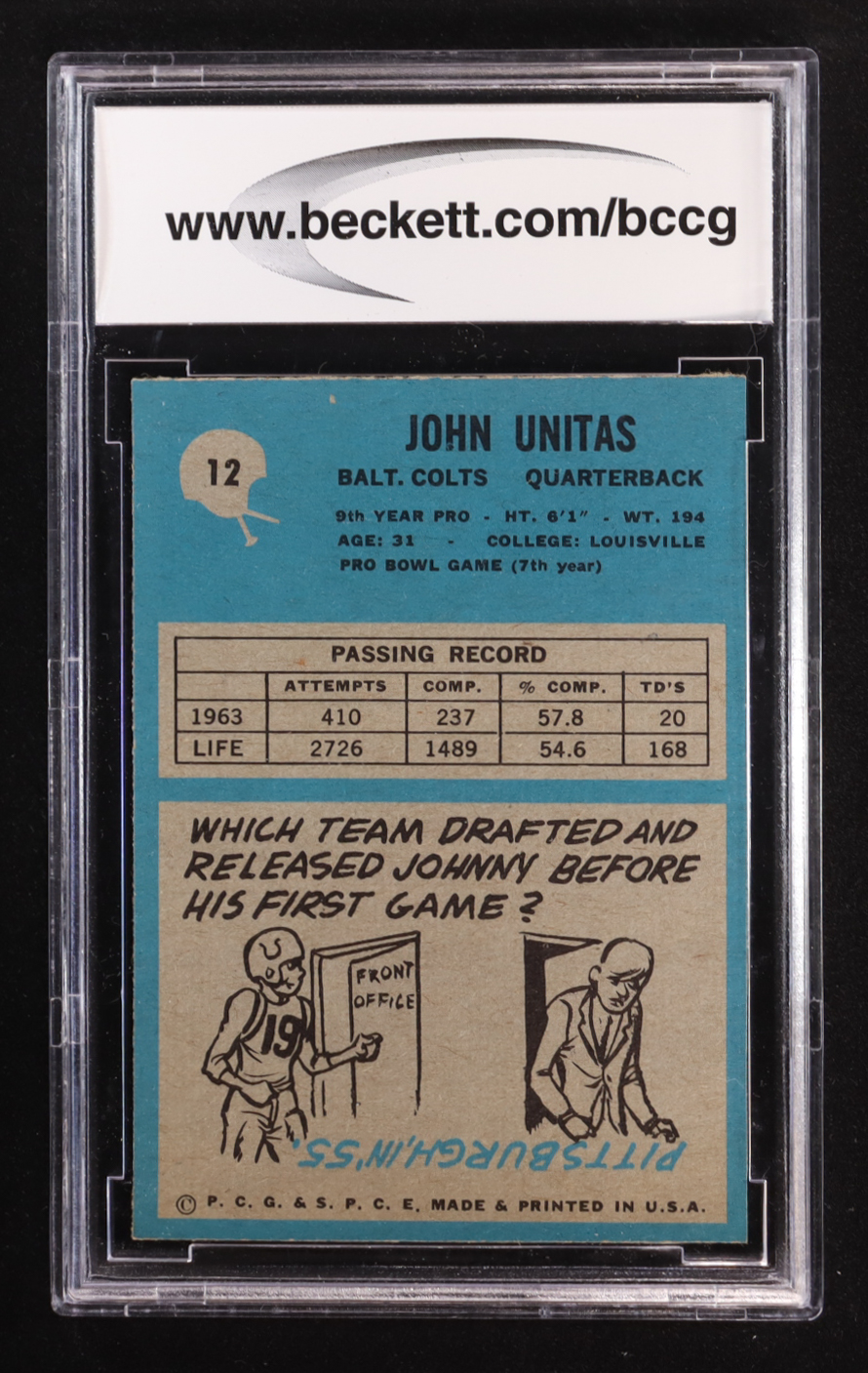 Johnny Unitas 1964 Philadelphia #12 (BCCG 9) at PristineAuction.com Johnny Unitas 1964 Philadelphia #12 (BCCG 9) at PristineAuction.com