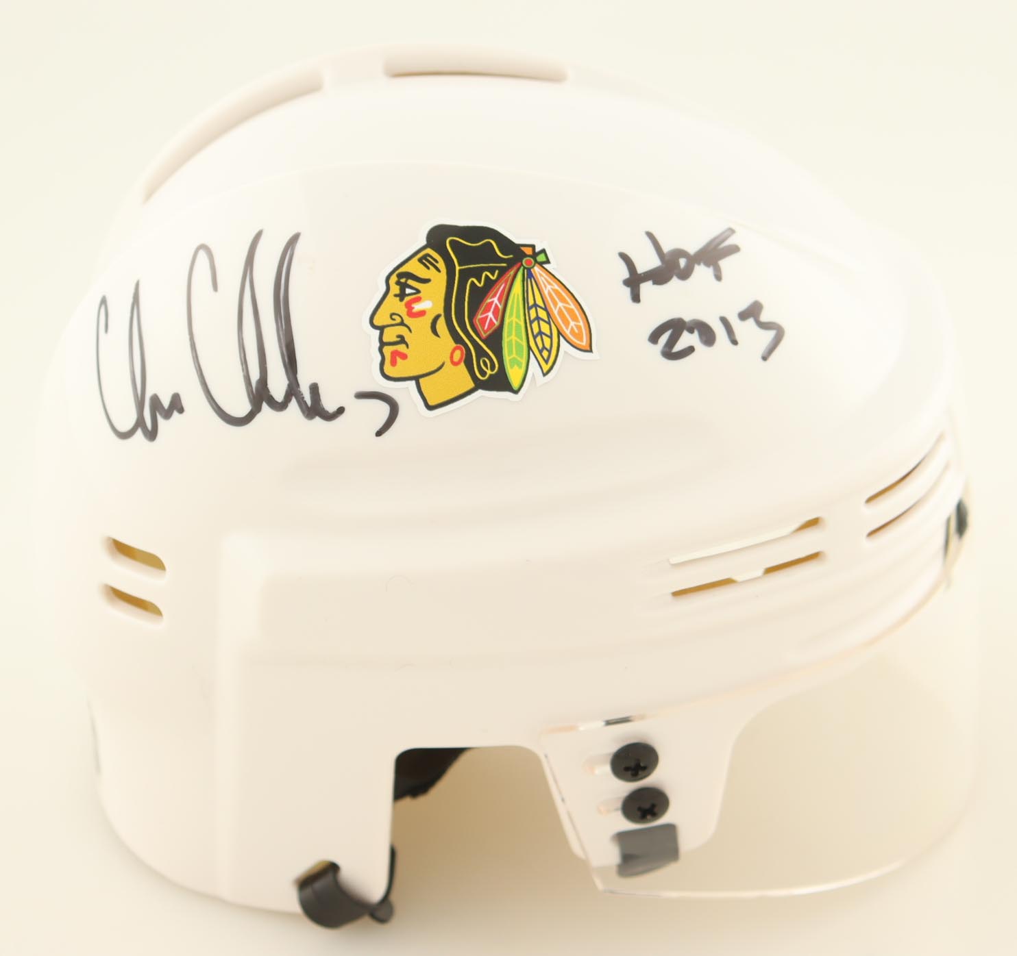 Chris Chelios Signed Blackhawks Mini Helmet Inscribed "HOF 2013" (JSA) at PristineAuction.com Chris Chelios Signed Blackhawks Mini Helmet Inscribed "HOF 2013" (JSA) at PristineAuction.com