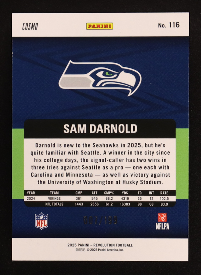 Sam Darnold 2025 Panini Revolution Green Swirl #116 #007/199 at PristineAuction.com Sam Darnold 2025 Panini Revolution Green Swirl #116 #007/199 at PristineAuction.com