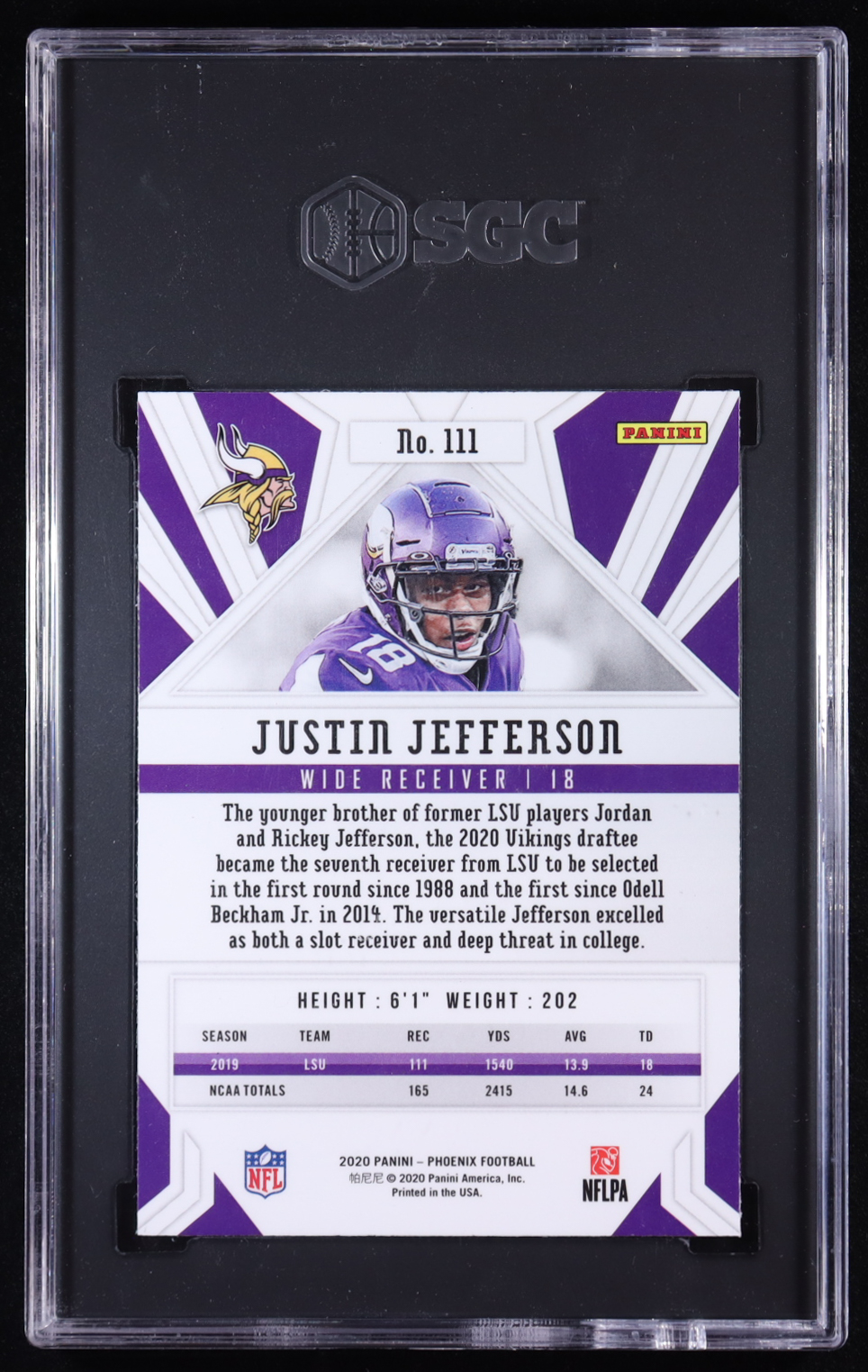 Justin Jefferson 2020 Panini Phoenix Fire Burst #111 RC (SGC 10) at PristineAuction.com Justin Jefferson 2020 Panini Phoenix Fire Burst #111 RC (SGC 10) at PristineAuction.com