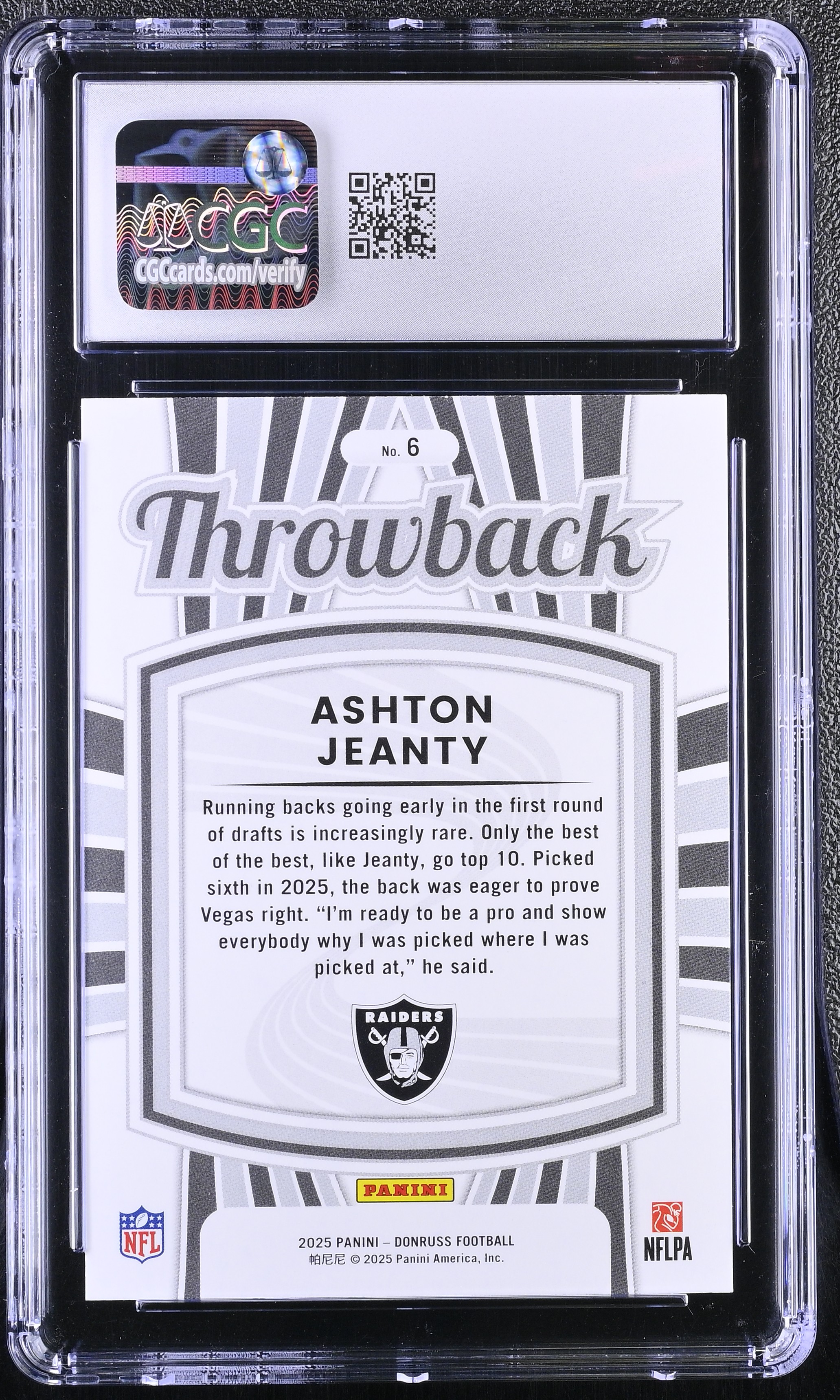 Ashton Jeanty 2025 Donruss Rated Rookies Throwback #6 RC (CGC 10) at PristineAuction.com Ashton Jeanty 2025 Donruss Rated Rookies Throwback #6 RC (CGC 10) at PristineAuction.com