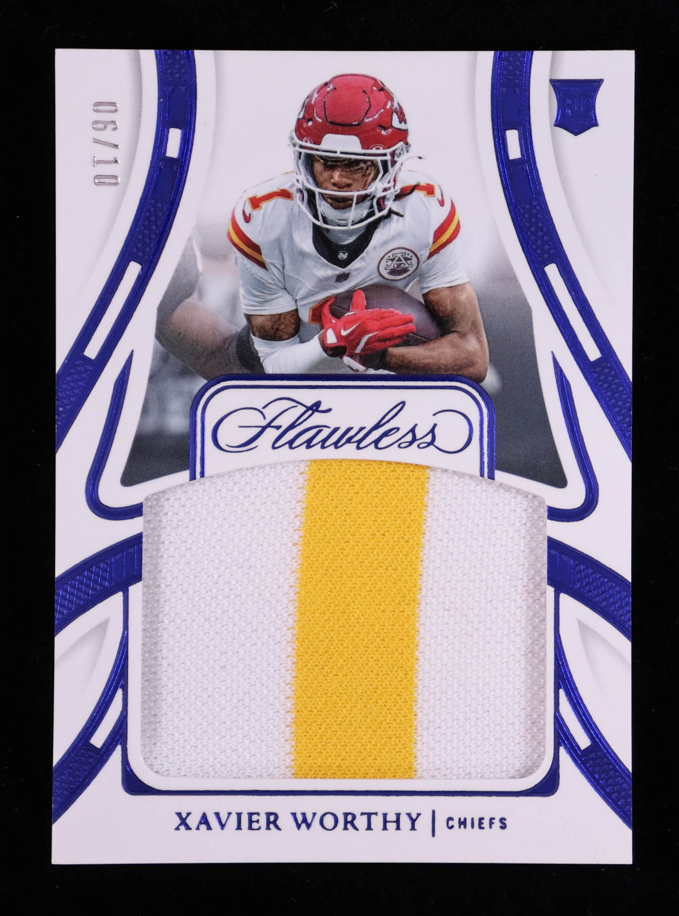 Xavier Worthy 2024 Panini Flawless Rookie Patches Sapphire #14 RC #06/10 at PristineAuction.com Xavier Worthy 2024 Panini Flawless Rookie Patches Sapphire #14 RC #06/10 at PristineAuction.com