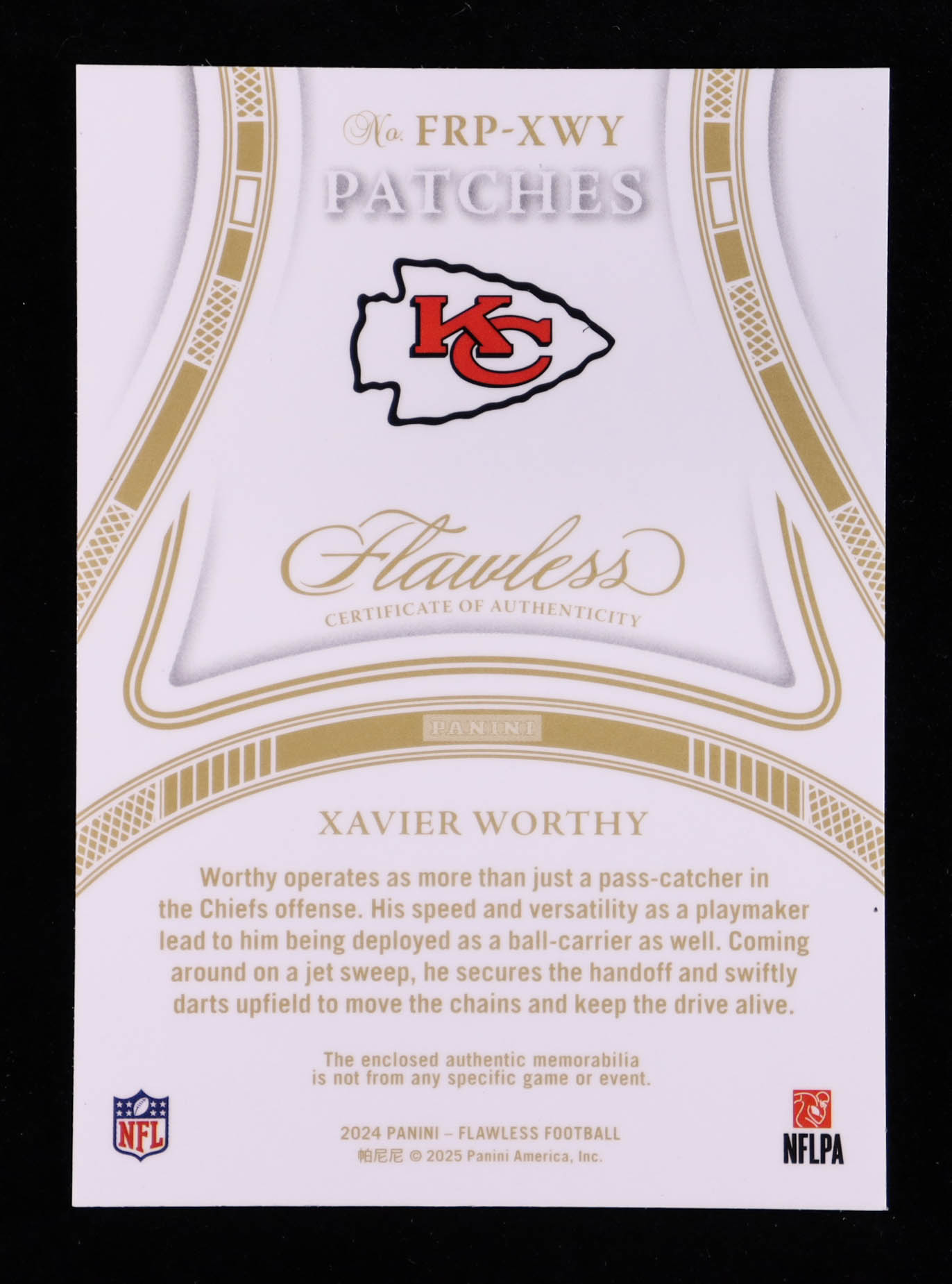 Xavier Worthy 2024 Panini Flawless Rookie Patches Sapphire #14 RC #06/10 at PristineAuction.com Xavier Worthy 2024 Panini Flawless Rookie Patches Sapphire #14 RC #06/10 at PristineAuction.com