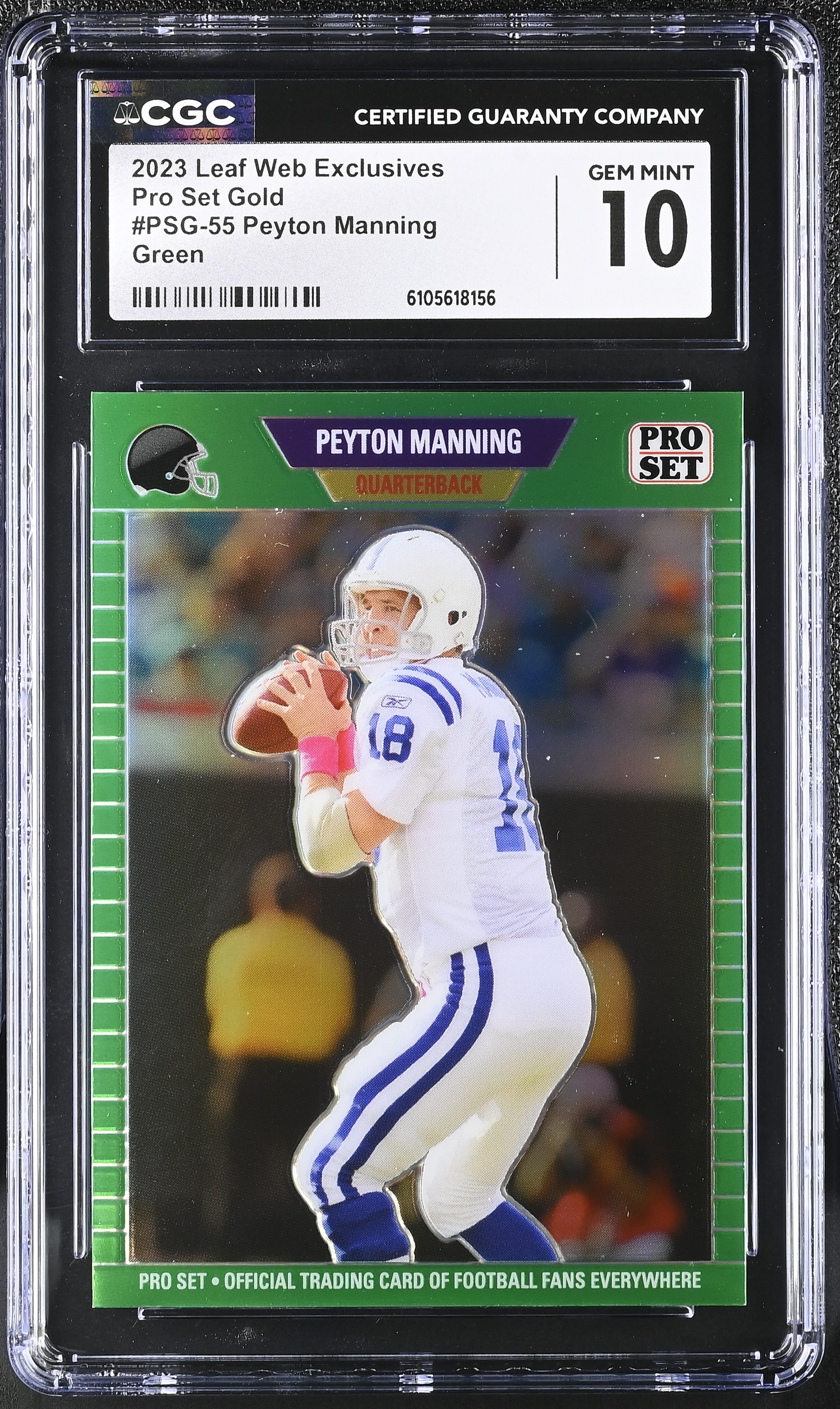 Peyton Manning 2023 Leaf Pro Set Gold Green Web Exclusives #PSG55 #06/10 (CGC 10) at PristineAuction.com Peyton Manning 2023 Leaf Pro Set Gold Green Web Exclusives #PSG55 #06/10 (CGC 10) at PristineAuction.com