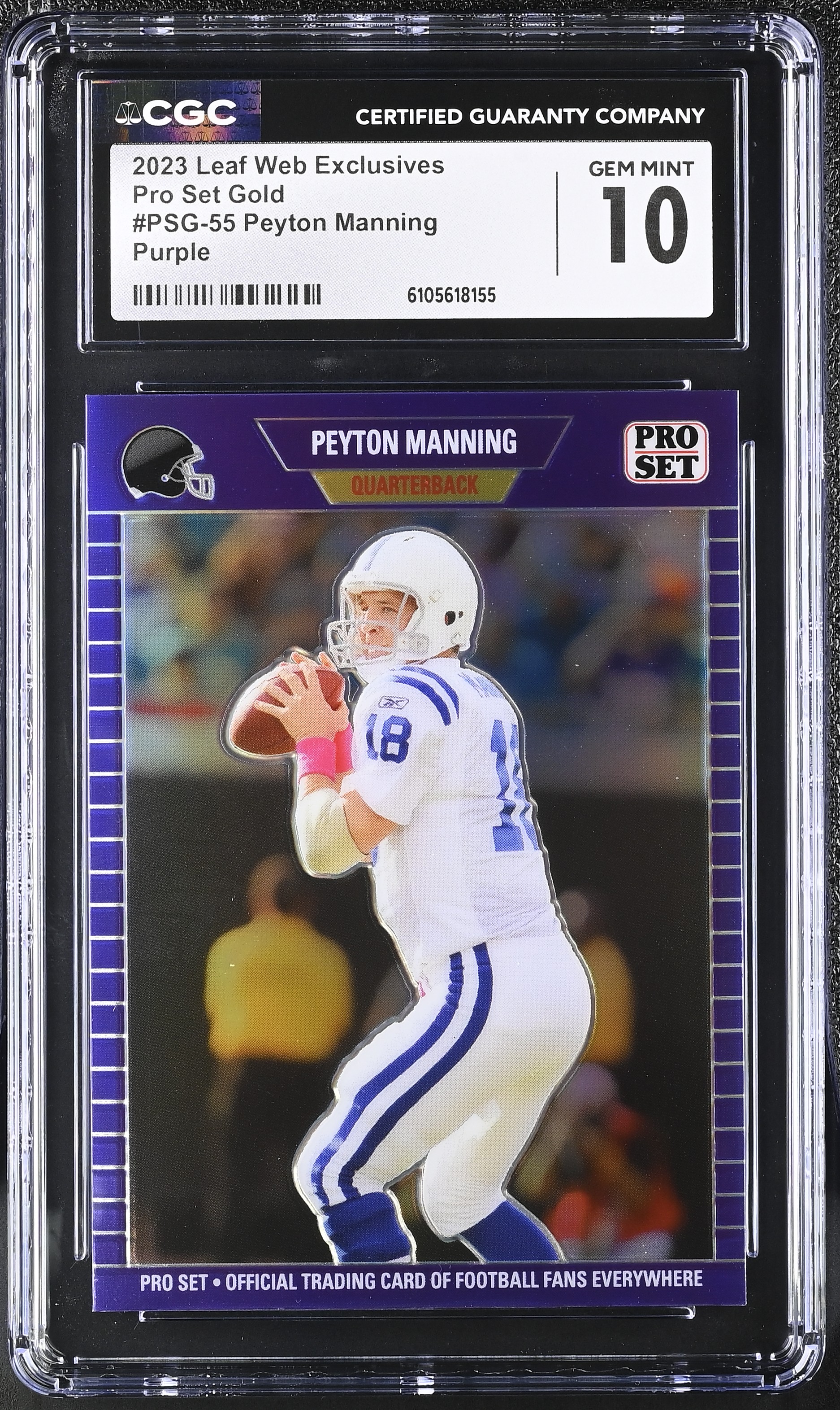 Peyton Manning 2023 Leaf Pro Set Gold Purple Web Exclusives #PSG55 #3/15 (CGC 10) at PristineAuction.com Peyton Manning 2023 Leaf Pro Set Gold Purple Web Exclusives #PSG55 #3/15 (CGC 10) at PristineAuction.com