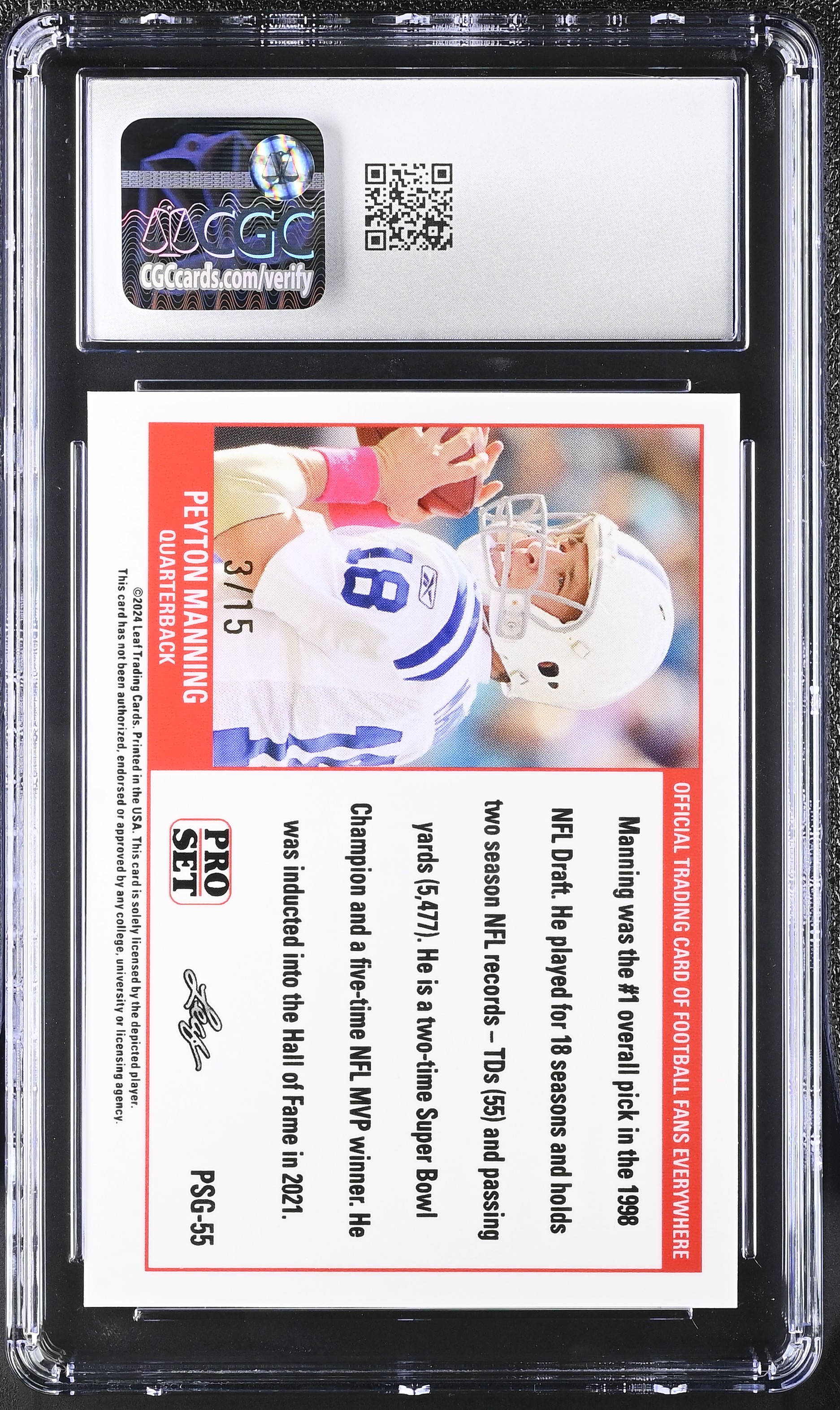 Peyton Manning 2023 Leaf Pro Set Gold Purple Web Exclusives #PSG55 #3/15 (CGC 10) at PristineAuction.com Peyton Manning 2023 Leaf Pro Set Gold Purple Web Exclusives #PSG55 #3/15 (CGC 10) at PristineAuction.com