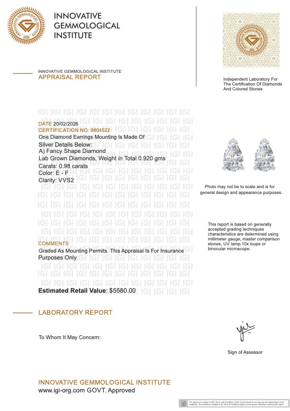 NEW! 0.98 CTW Lab-Grown Diamonds Earrings E-F, VVS2 | Estimated Retail Value: $5,580 (IGI) at PristineAuction.com NEW! 0.98 CTW Lab-Grown Diamonds Earrings E-F, VVS2 | Estimated Retail Value: $5,580 (IGI) at PristineAuction.com