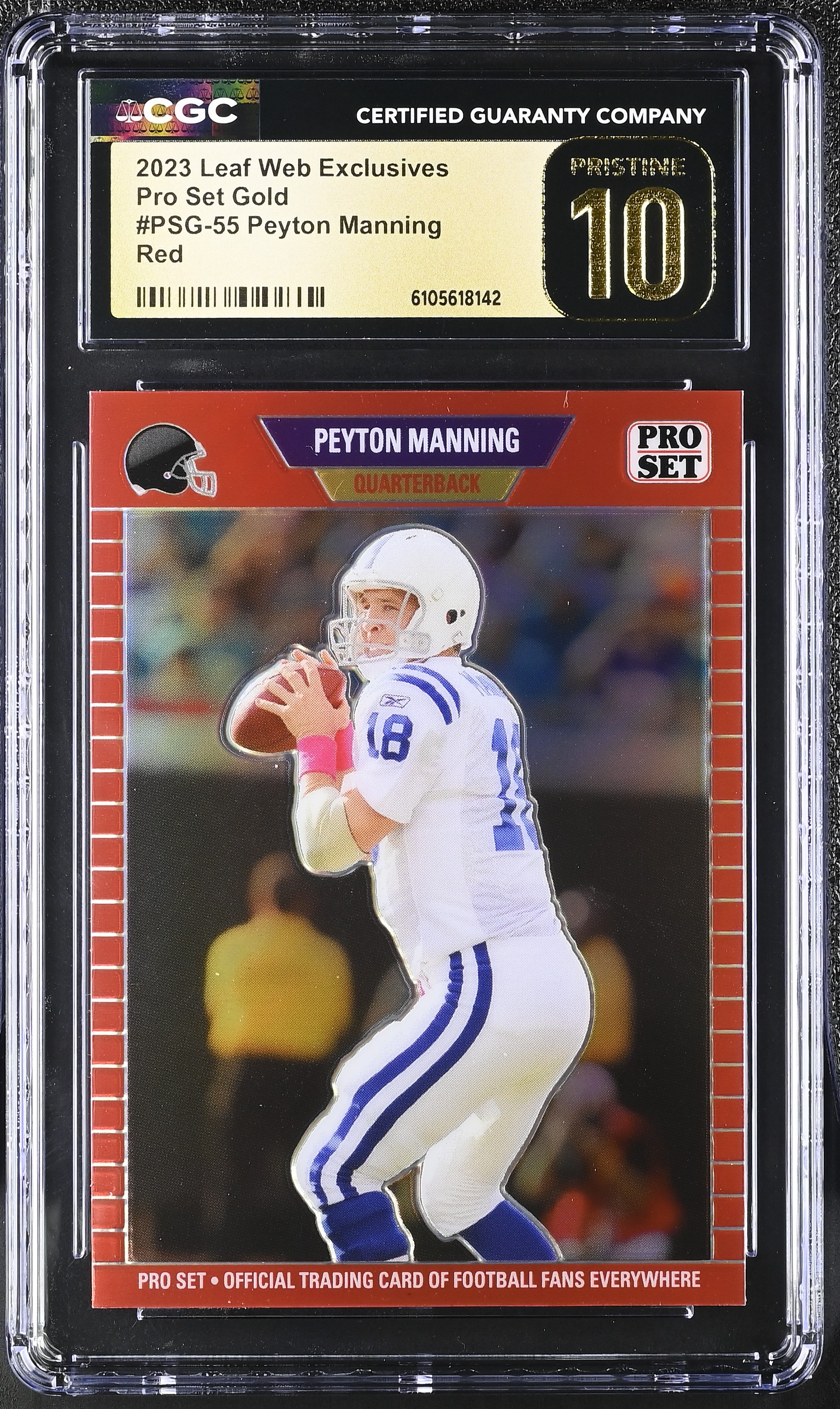 Peyton Manning 2023 Leaf Pro Set Gold Red Web Exclusives #PSG55 #47/89 (CGC 10 | Black Label) at PristineAuction.com Peyton Manning 2023 Leaf Pro Set Gold Red Web Exclusives #PSG55 #47/89 (CGC 10 | Black Label) at PristineAuction.com