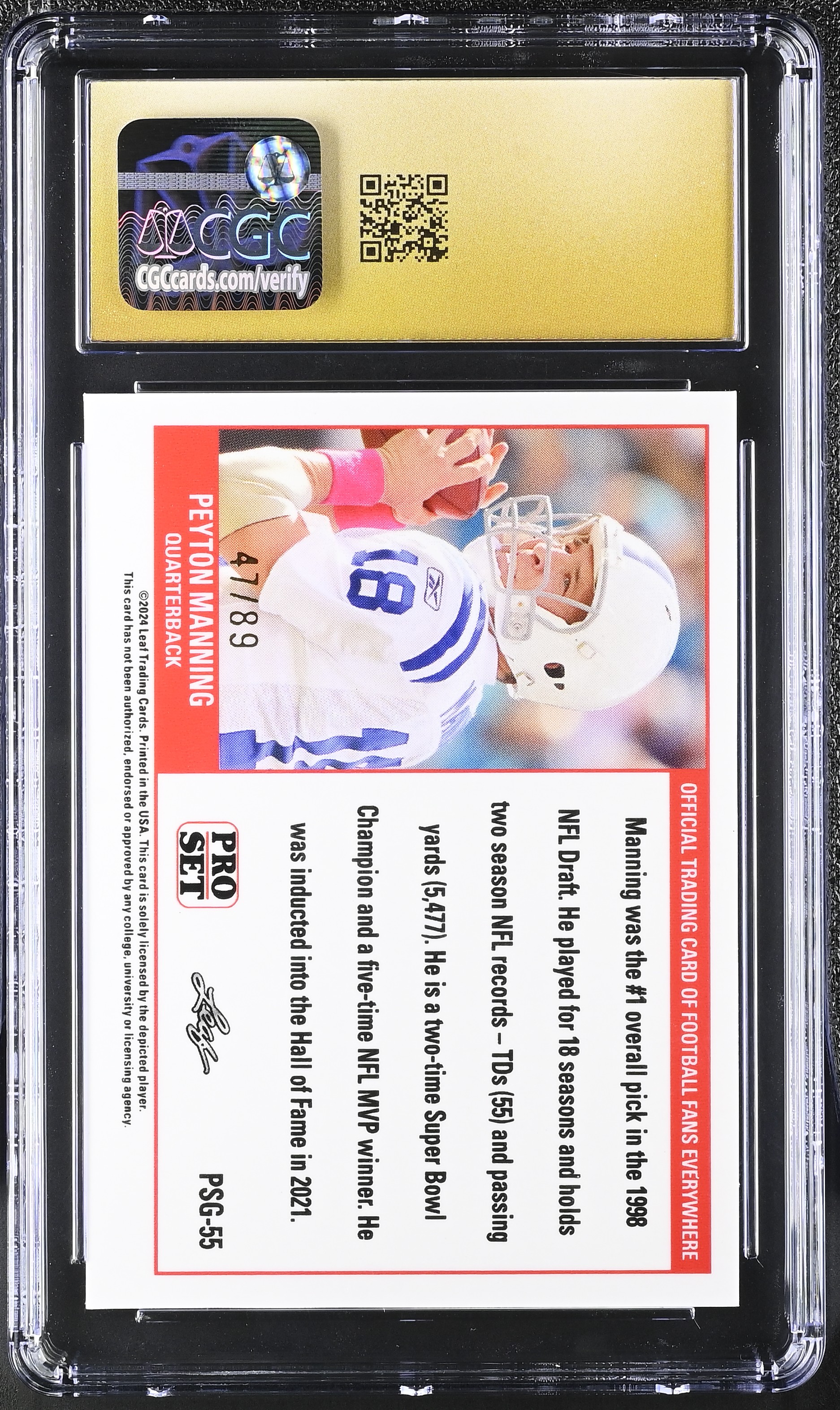 Peyton Manning 2023 Leaf Pro Set Gold Red Web Exclusives #PSG55 #47/89 (CGC 10 | Black Label) at PristineAuction.com Peyton Manning 2023 Leaf Pro Set Gold Red Web Exclusives #PSG55 #47/89 (CGC 10 | Black Label) at PristineAuction.com