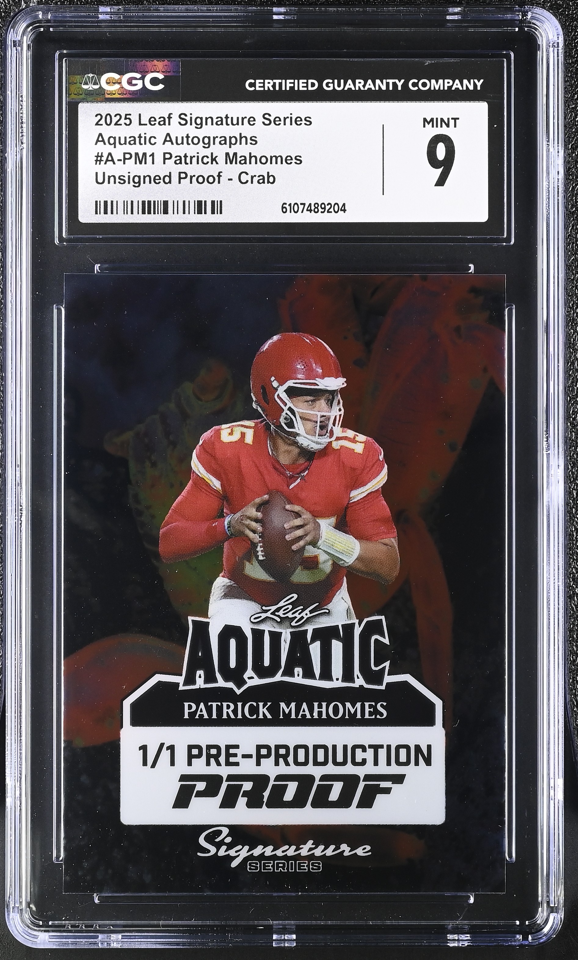 Patrick Mahomes 2025 Leaf Signature Series Aquatic Autographs Crab Pre-Production Proof #APM1 #1/1 (CGC 9) at PristineAuction.com Patrick Mahomes 2025 Leaf Signature Series Aquatic Autographs Crab Pre-Production Proof #APM1 #1/1 (CGC 9) at PristineAuction.com