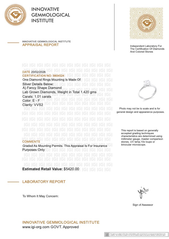 NEW! 1.01 CTW Lab-Grown Diamonds Ring E-F, VVS2 | Estimated Retail Value: $5,420 (IGI) at PristineAuction.com NEW! 1.01 CTW Lab-Grown Diamonds Ring E-F, VVS2 | Estimated Retail Value: $5,420 (IGI) at PristineAuction.com