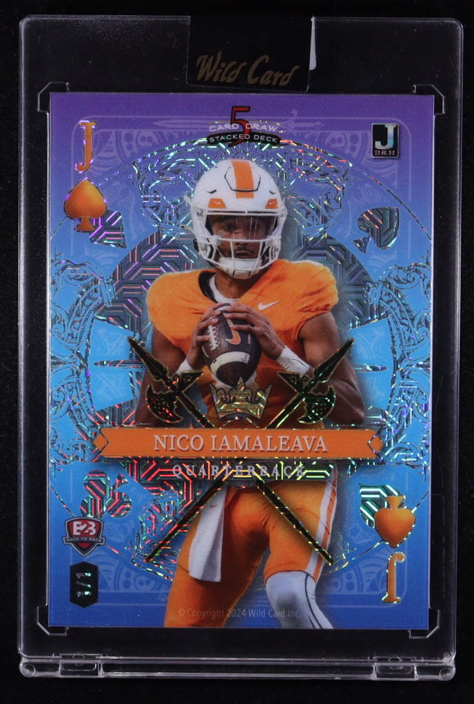 Peyton Manning / Nico Iamaleava (RC) 2024 Wild Card 5 Card Draw Stacked Deck Back 2 Back Jack of Spades Mojo Blue #NIPMNB2B #1/1 at PristineAuction.com Peyton Manning / Nico Iamaleava (RC) 2024 Wild Card 5 Card Draw Stacked Deck Back 2 Back Jack of Spades Mojo Blue #NIPMNB2B #1/1 at PristineAuction.com