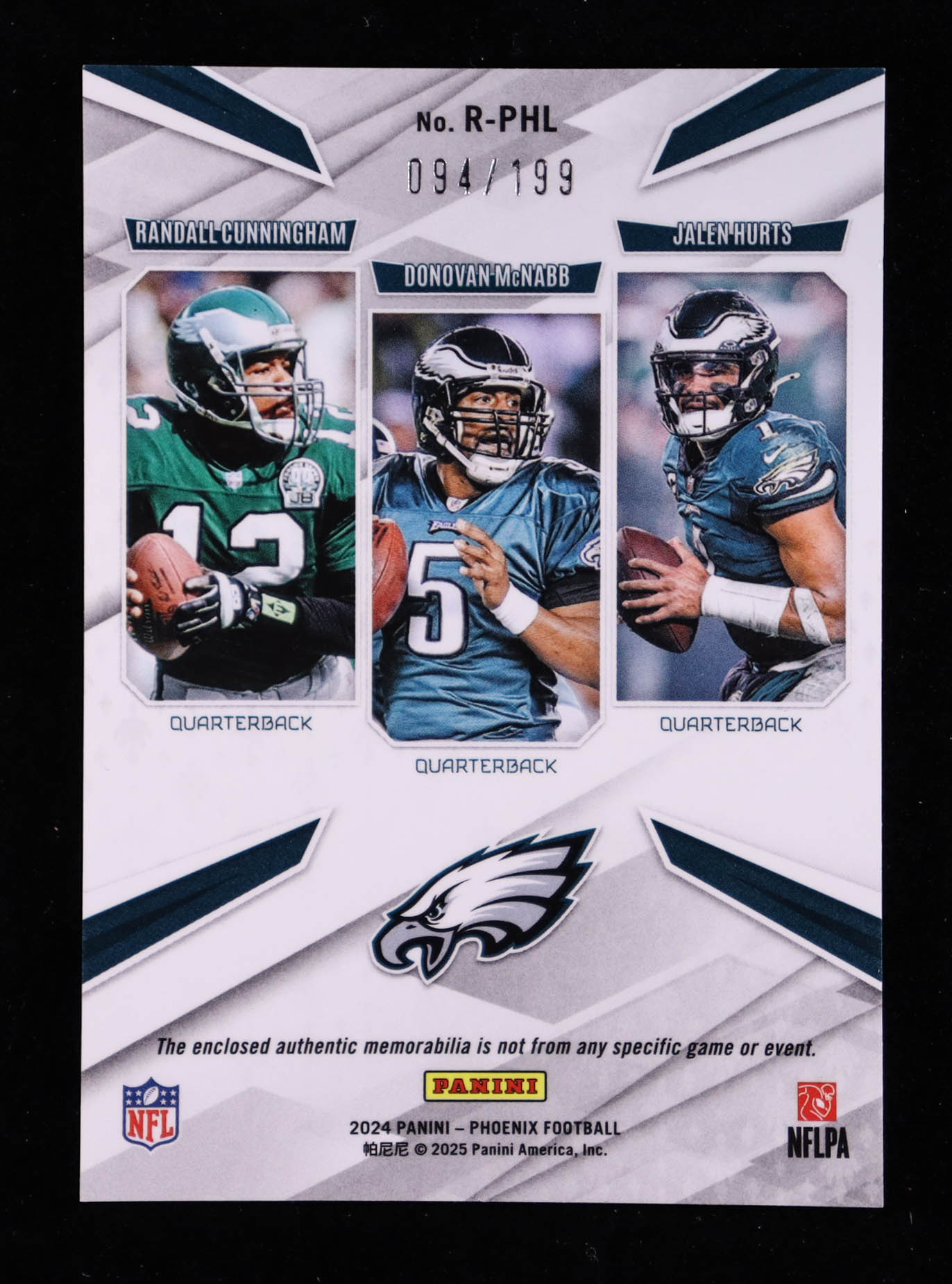 Randall Cunningham / Donovan McNabb / Jalen Hurts 2024 Panini Phoenix Regeneration Materials #9 #094/199 at PristineAuction.com Randall Cunningham / Donovan McNabb / Jalen Hurts 2024 Panini Phoenix Regeneration Materials #9 #094/199 at PristineAuction.com