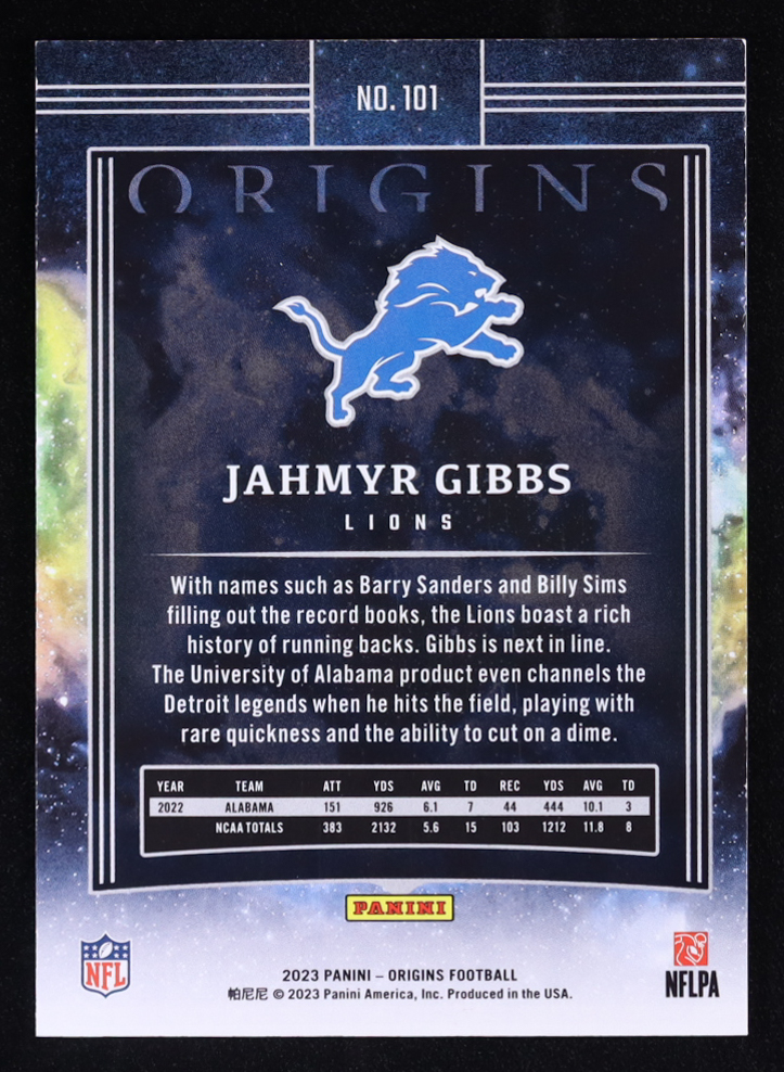 Jahmyr Gibbs 2023 Panini Origins Holo Turquoise #101 #04/49 at PristineAuction.com Jahmyr Gibbs 2023 Panini Origins Holo Turquoise #101 #04/49 at PristineAuction.com