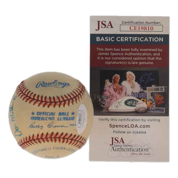 Don Mattingly Signed OAL Baseball Inscribed "Best Wishes" (JSA) at PristineAuction.com Don Mattingly Signed OAL Baseball Inscribed "Best Wishes" (JSA) at PristineAuction.com