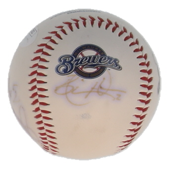 Brewers Logo OML Baseball Signed by (8) with Bill Hall, Wes Obermueller, Matt Kinney, Wes Helms with Multiple Inscriptions (JSA) at PristineAuction.com Brewers Logo OML Baseball Signed by (8) with Bill Hall, Wes Obermueller, Matt Kinney, Wes Helms with Multiple Inscriptions (JSA) at PristineAuction.com