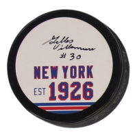 Gilles Villemure Signed Rangers Logo Hockey Puck (JSA) at PristineAuction.com