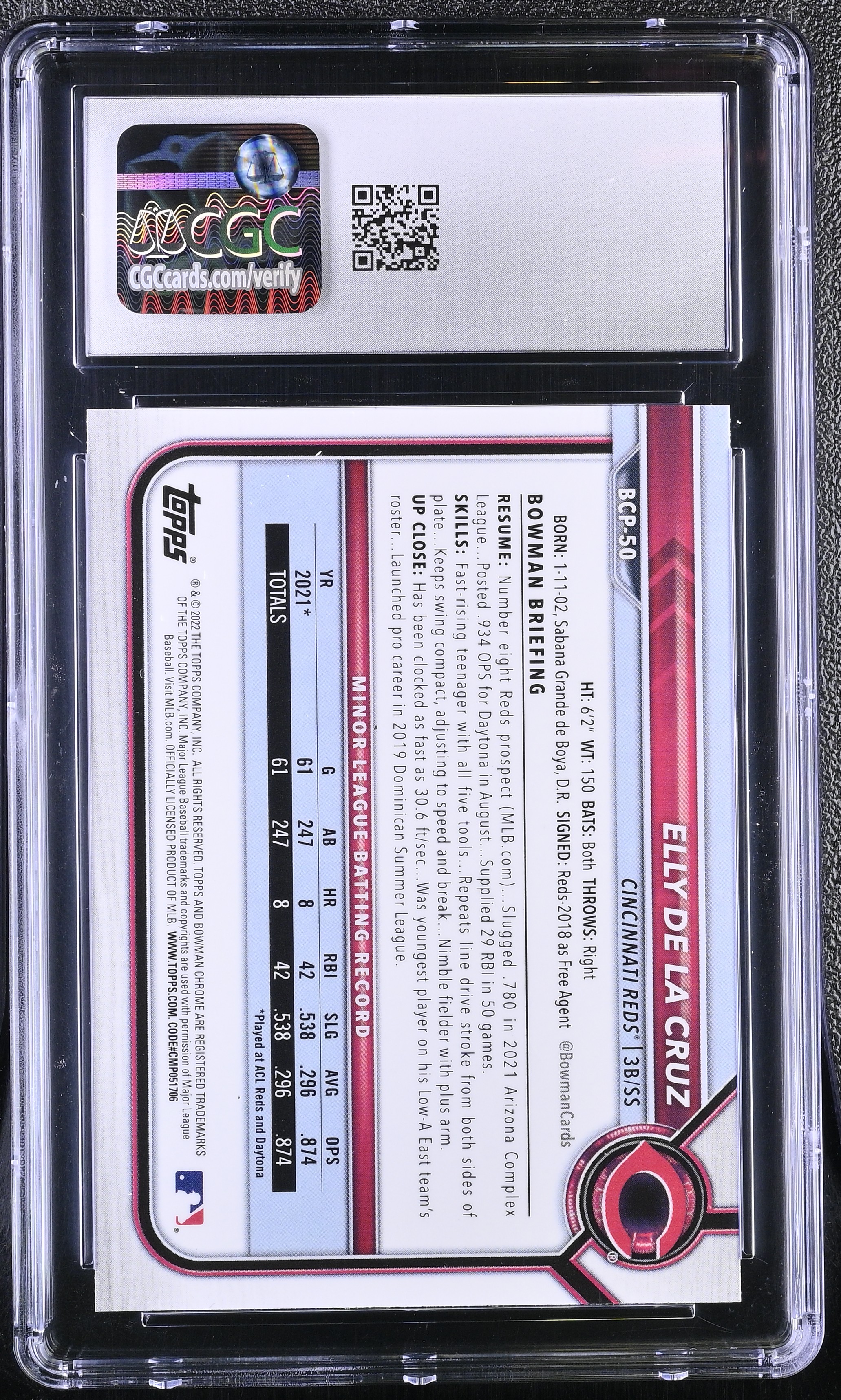 Elly De La Cruz 2022 Bowman Chrome Prospects #BCP50 RC (CGC 10) at PristineAuction.com Elly De La Cruz 2022 Bowman Chrome Prospects #BCP50 RC (CGC 10) at PristineAuction.com