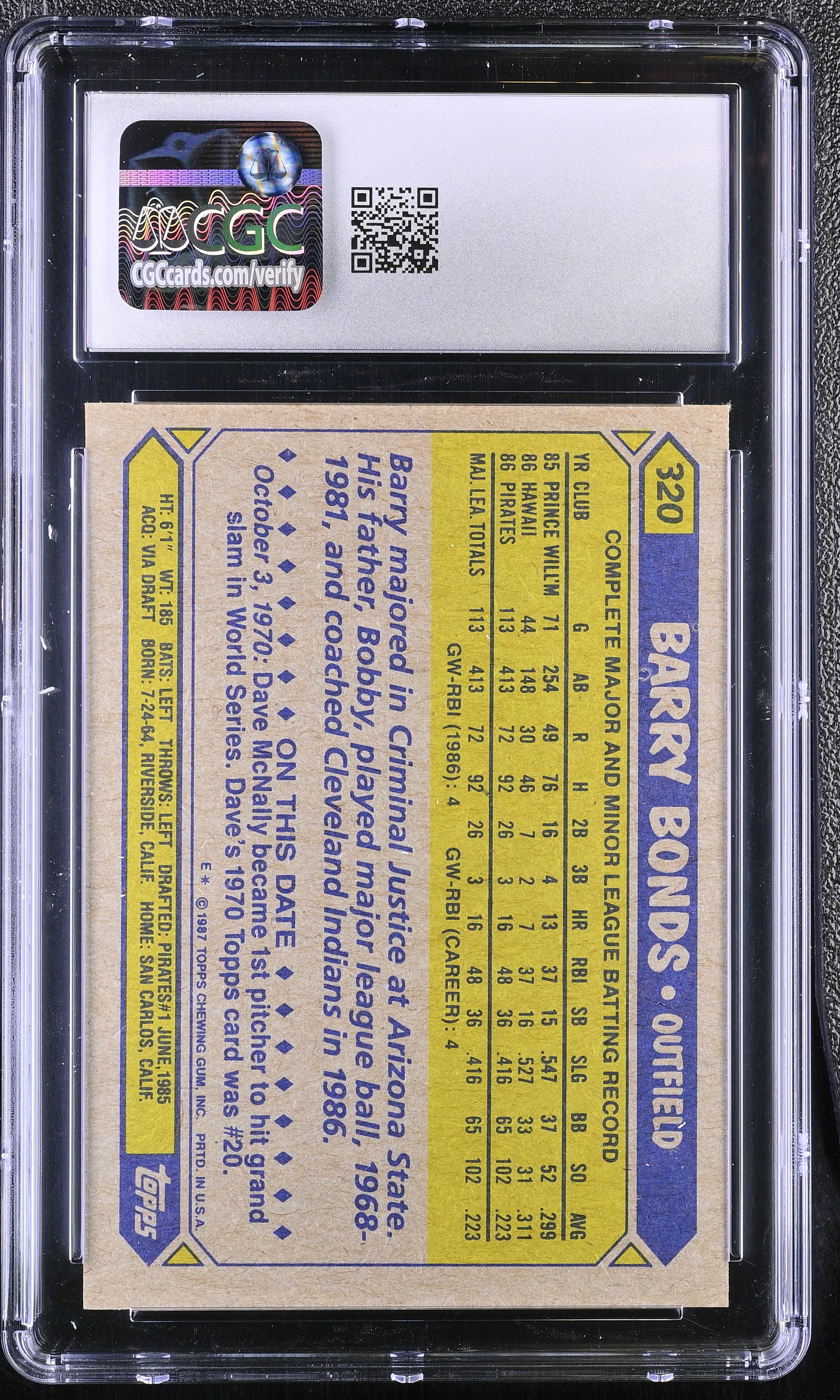 Barry Bonds 1987 Topps #320 (CGC 8.5) at PristineAuction.com Barry Bonds 1987 Topps #320 (CGC 8.5) at PristineAuction.com