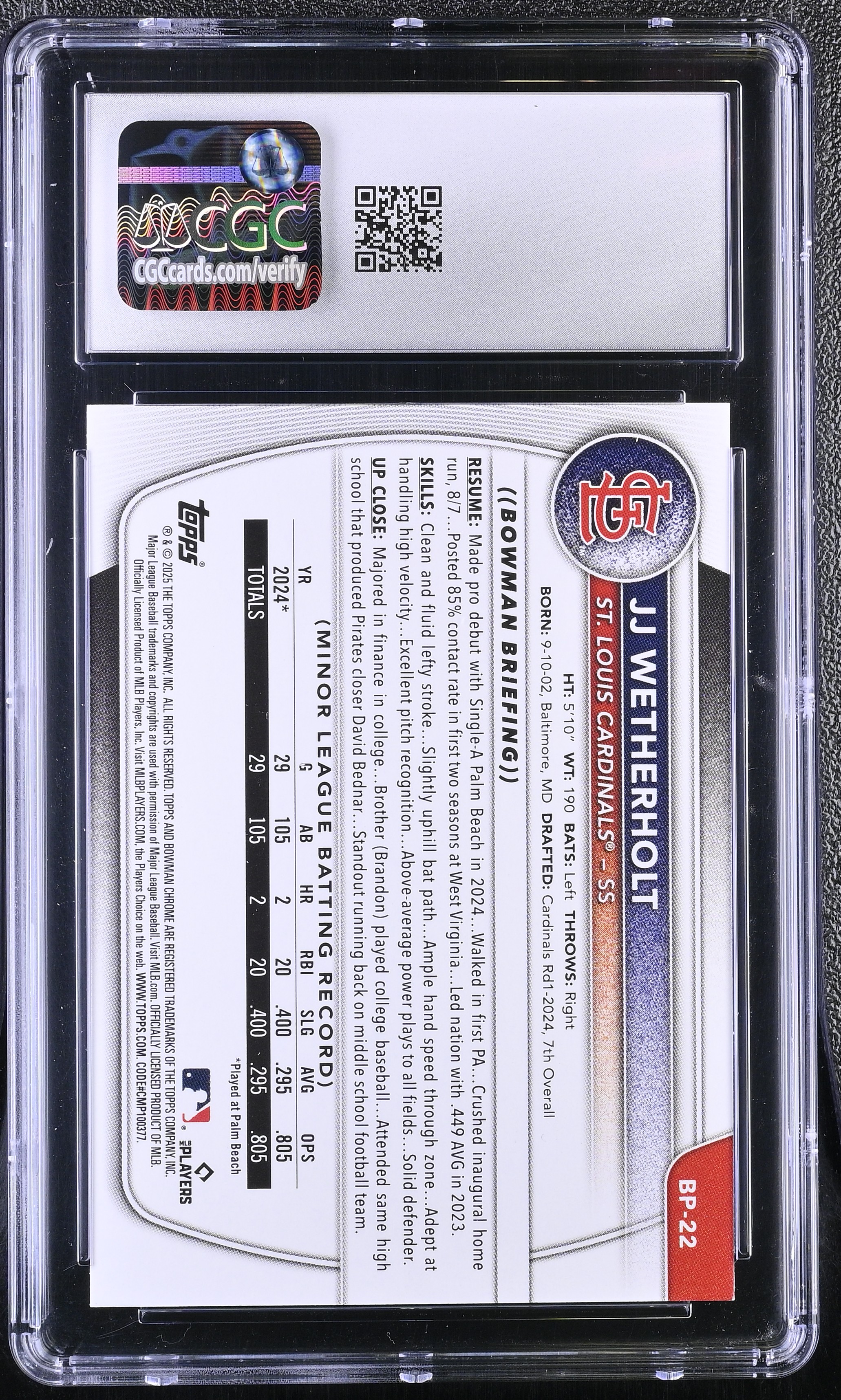 JJ Wetherholt 2025 Bowman Prospects #BP22 RC (CGC 9.5) at PristineAuction.com JJ Wetherholt 2025 Bowman Prospects #BP22 RC (CGC 9.5) at PristineAuction.com