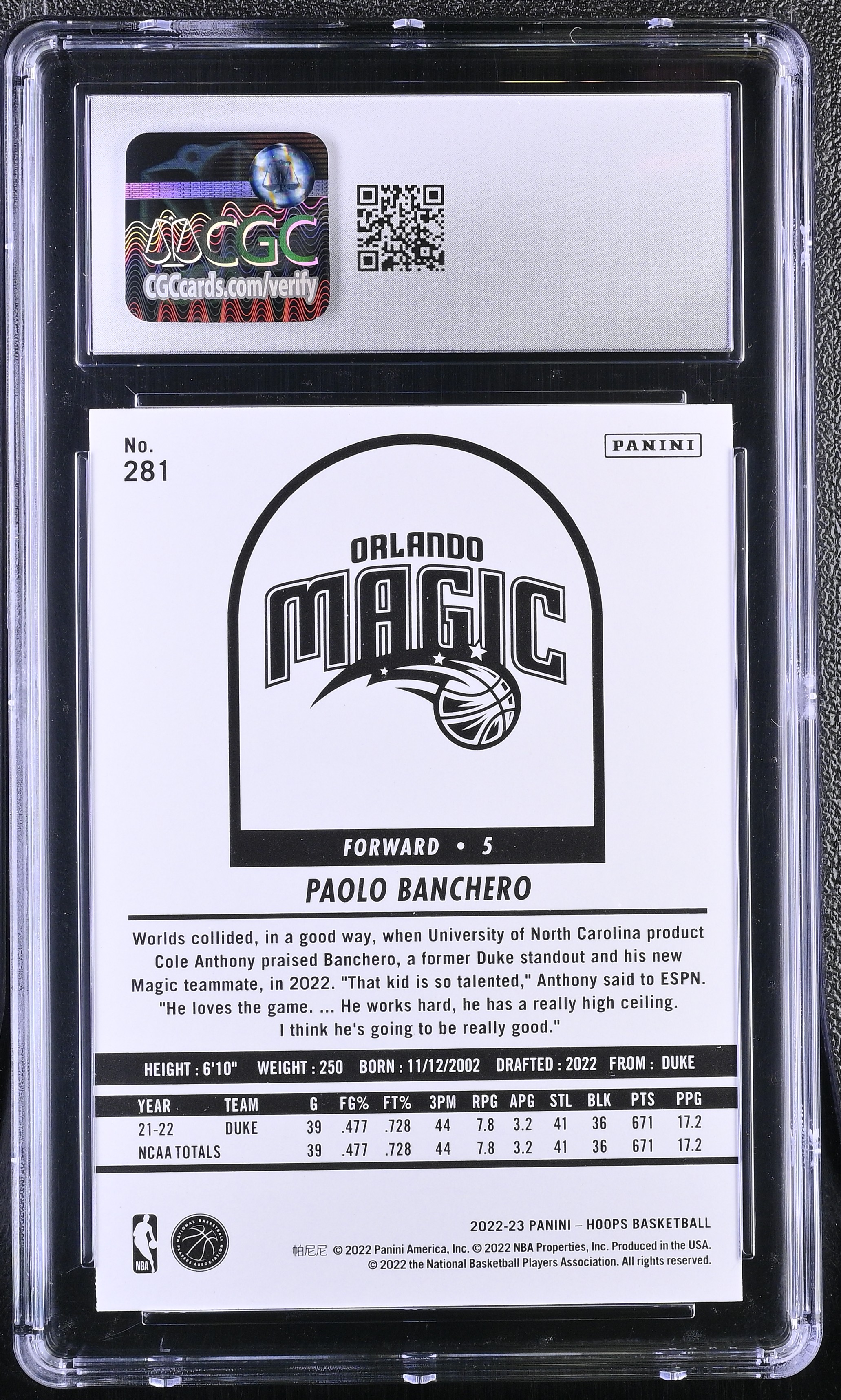 Paolo Banchero 2022-23 Panini Hoops #281 RC (CGC 9.5) at PristineAuction.com Paolo Banchero 2022-23 Panini Hoops #281 RC (CGC 9.5) at PristineAuction.com