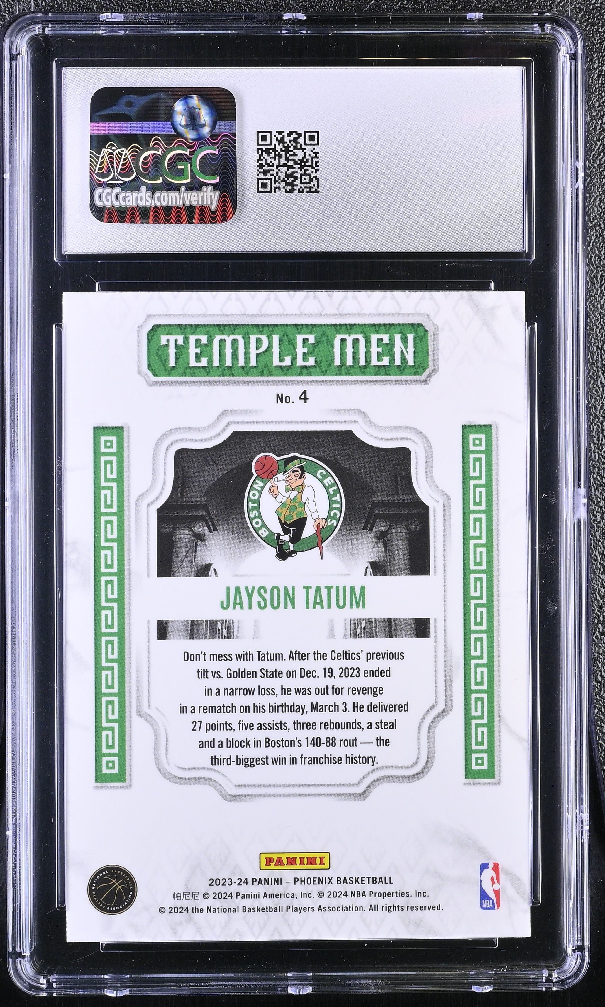 Jayson Tatum 2023-24 Panini Phoenix Temple Men Phoenix Blue Ice #4 (CGC 9) at PristineAuction.com Jayson Tatum 2023-24 Panini Phoenix Temple Men Phoenix Blue Ice #4 (CGC 9) at PristineAuction.com
