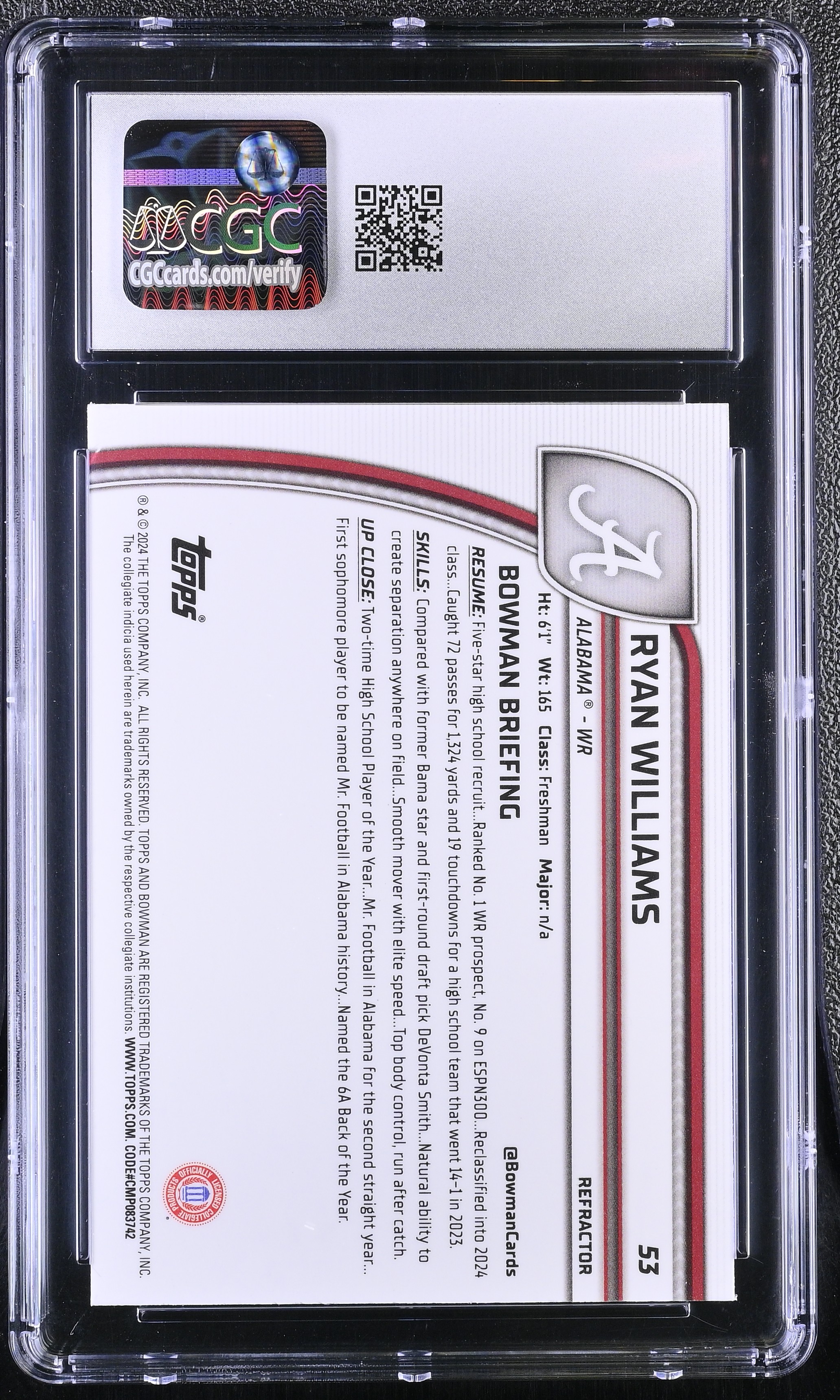 Ryan Williams 2024 Bowman University Chrome Refractor #53 RC (CGC 9.5) at PristineAuction.com Ryan Williams 2024 Bowman University Chrome Refractor #53 RC (CGC 9.5) at PristineAuction.com
