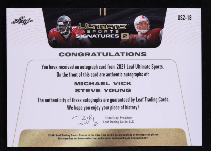Michael Vick / Steve Young 2021 Leaf Ultimate Sports Ultimate Signatures 2 Spectrum Bronze #US2-18 #4/9 at PristineAuction.com Michael Vick / Steve Young 2021 Leaf Ultimate Sports Ultimate Signatures 2 Spectrum Bronze #US2-18 #4/9 at PristineAuction.com