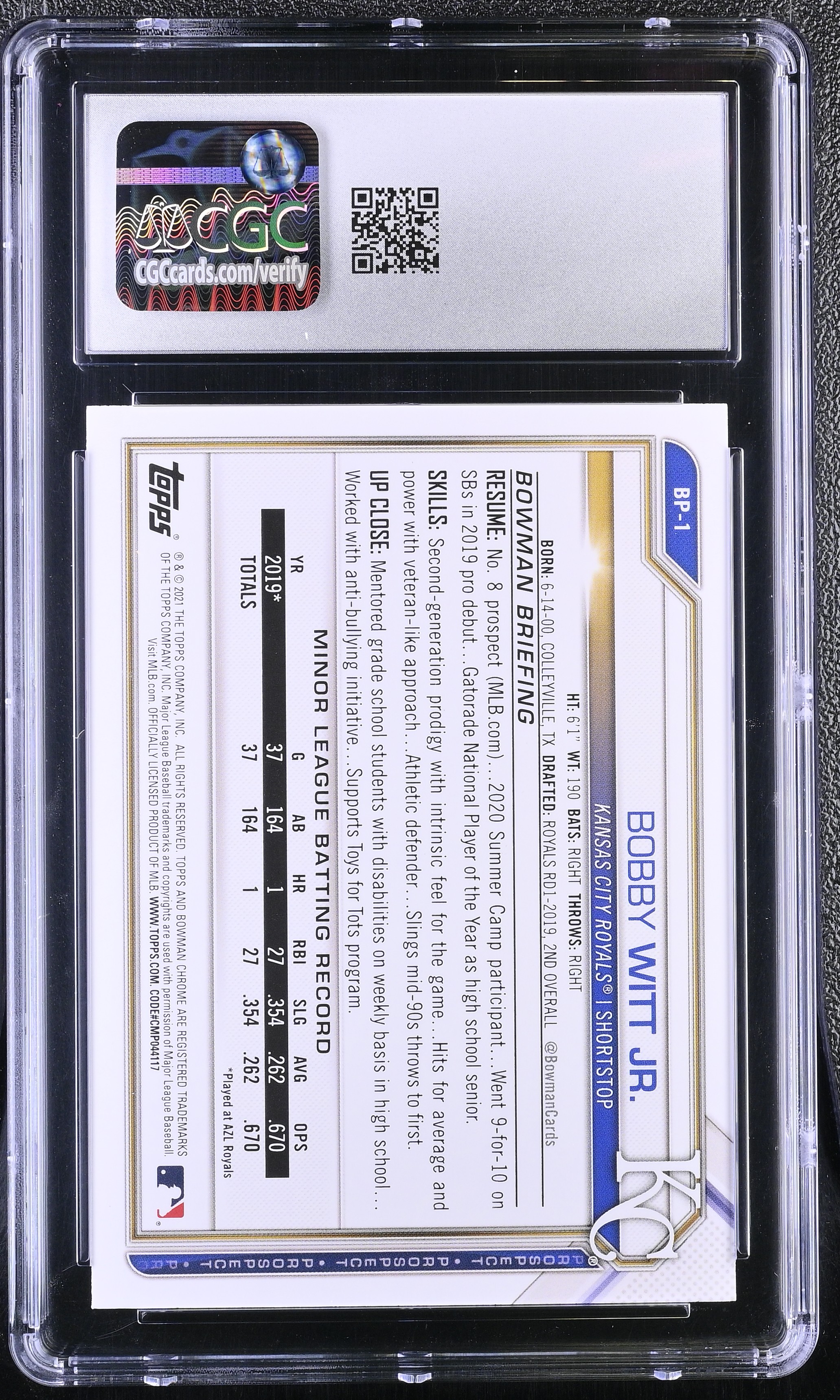 Bobby Witt Jr. 2021 Bowman Prospects #BP1 RC (CGC 8.5) at PristineAuction.com Bobby Witt Jr. 2021 Bowman Prospects #BP1 RC (CGC 8.5) at PristineAuction.com