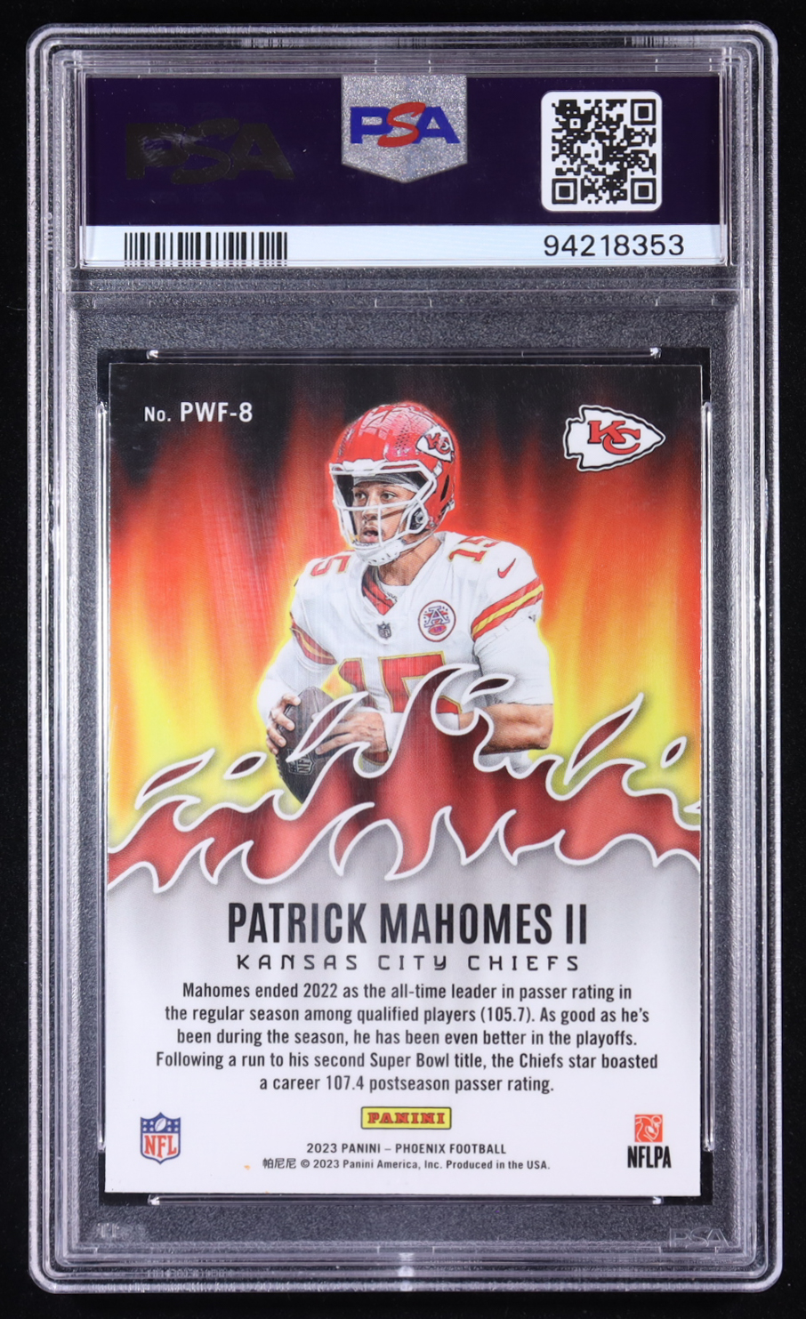 Patrick Mahomes II 2023 Panini Phoenix Playing with Fire Silver Seismic #8 (PSA 10) at PristineAuction.com Patrick Mahomes II 2023 Panini Phoenix Playing with Fire Silver Seismic #8 (PSA 10) at PristineAuction.com