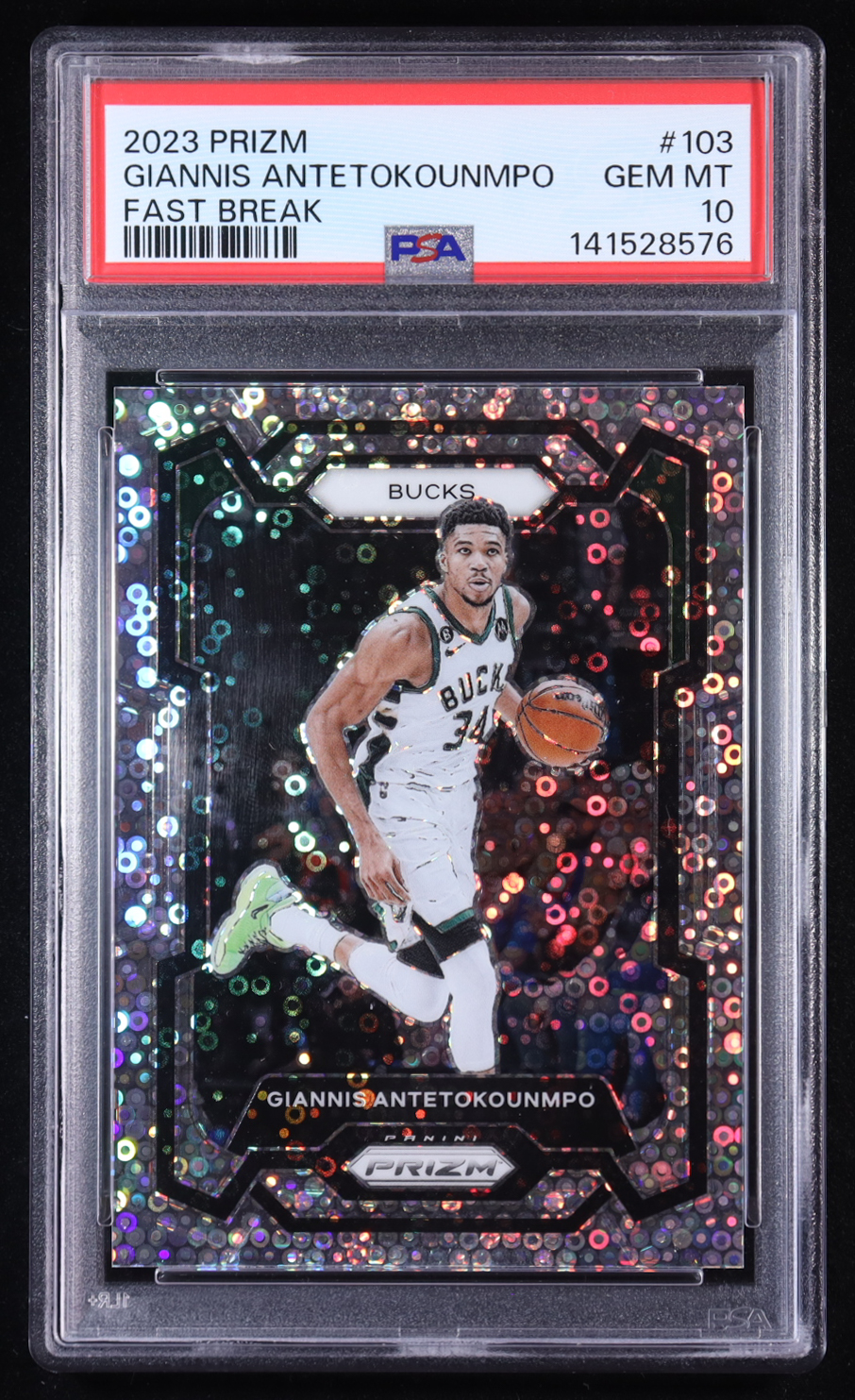 Giannis Antetokounmpo 2023-24 Panini Prizm Prizms Fast Break #103 (PSA 10) at PristineAuction.com Giannis Antetokounmpo 2023-24 Panini Prizm Prizms Fast Break #103 (PSA 10) at PristineAuction.com