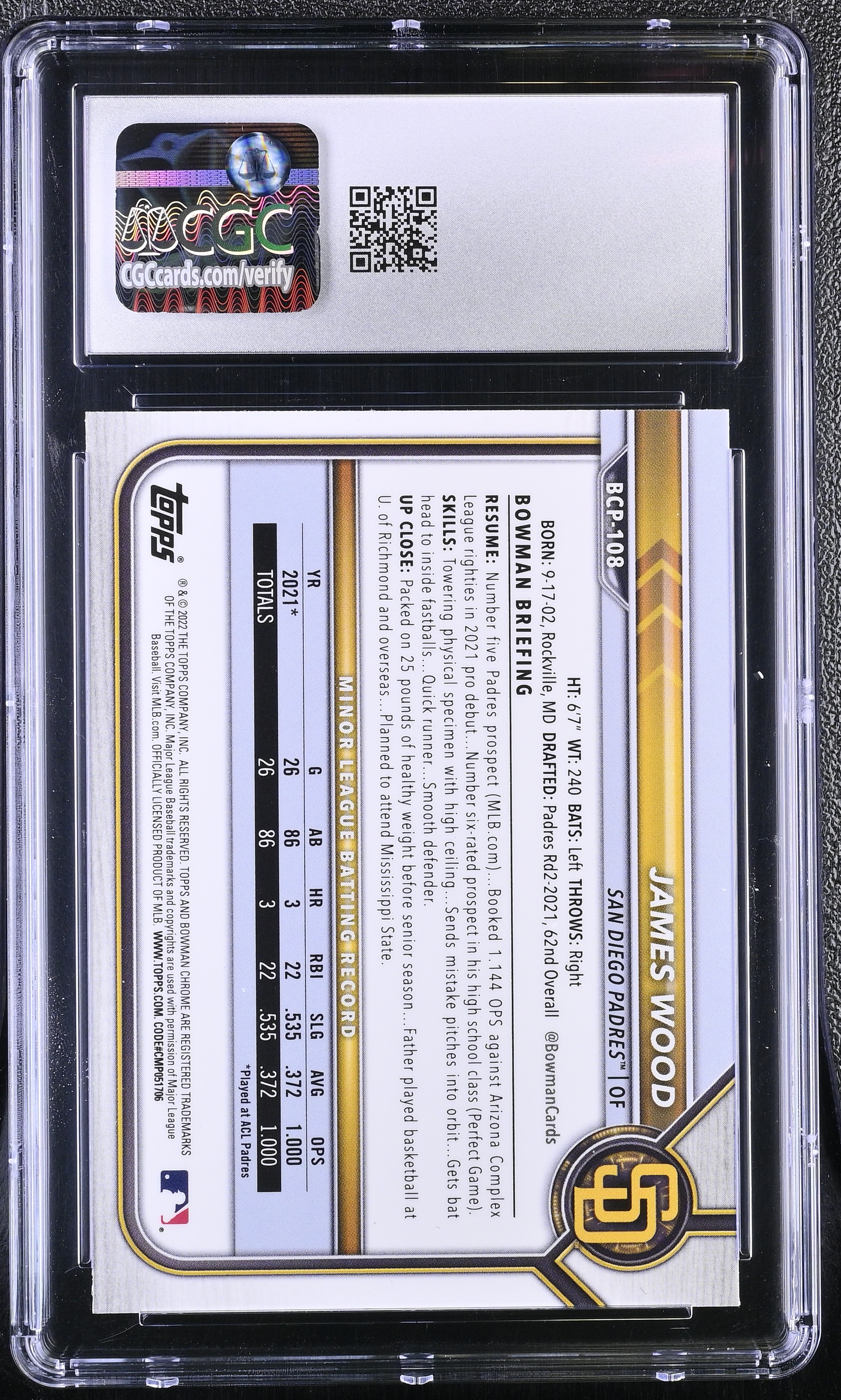 James Wood 2022 Bowman Chrome Prospects #BCP108 RC (CGC 10) at PristineAuction.com James Wood 2022 Bowman Chrome Prospects #BCP108 RC (CGC 10) at PristineAuction.com