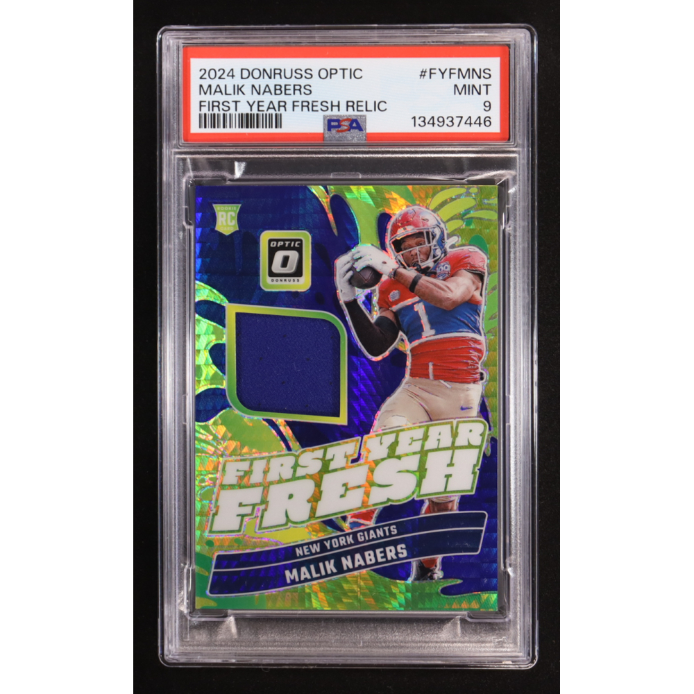 Malik Nabers 2024 Donruss Optic First Year Fresh Jerseys Blue Hyper #28 RC (PSA 9) at PristineAuction.com
